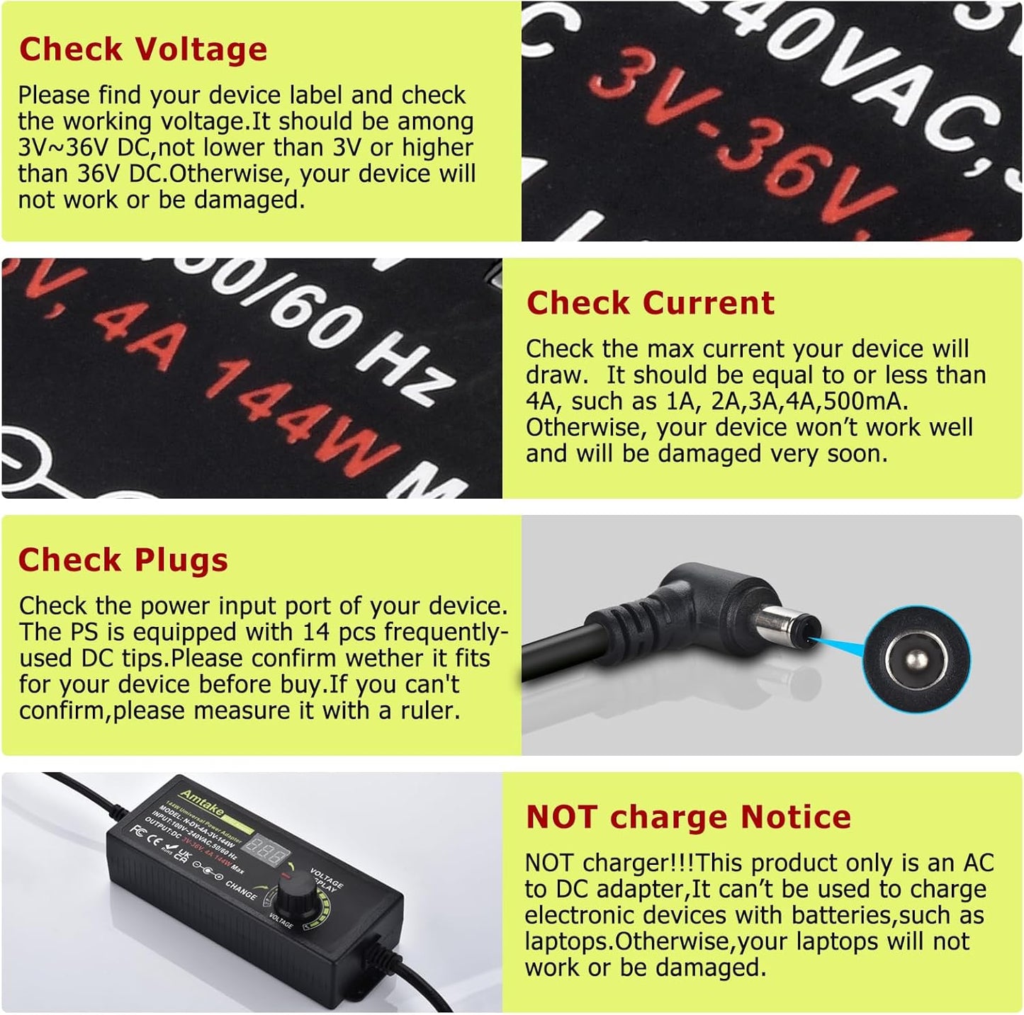 Amtake 4A 144W 3V~36V 3V 5V 12V 24V 30V 36V 14 Adjustable Universal Power Supply Adapter Adjustable Variable Switching