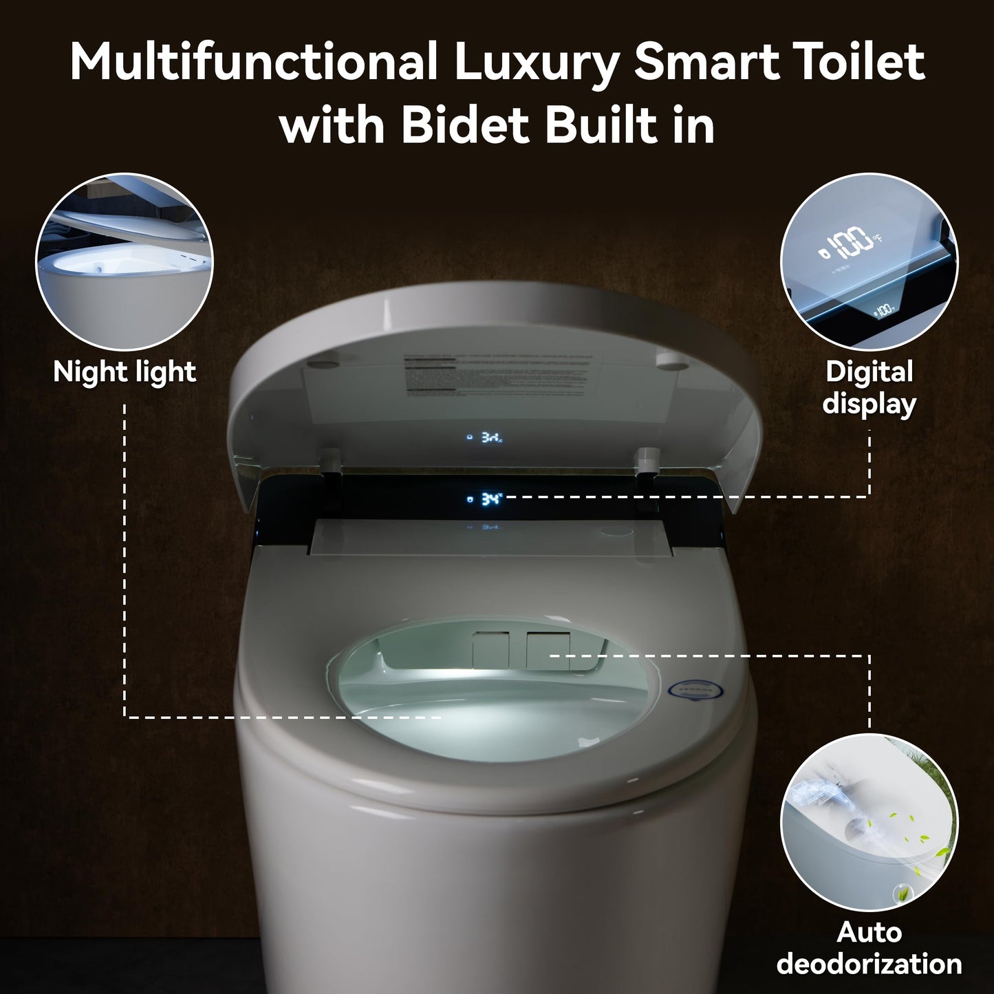 Smart Toilet with Bidet Built in,Smart Toilet with Tank,Dual Auto Flush,Foam Dispenser,Deodorization,Foot Sensor,Blackout Flush,Heated Seat,Warm Water,Bidet Toilet for Modern Bathroom,Night Light