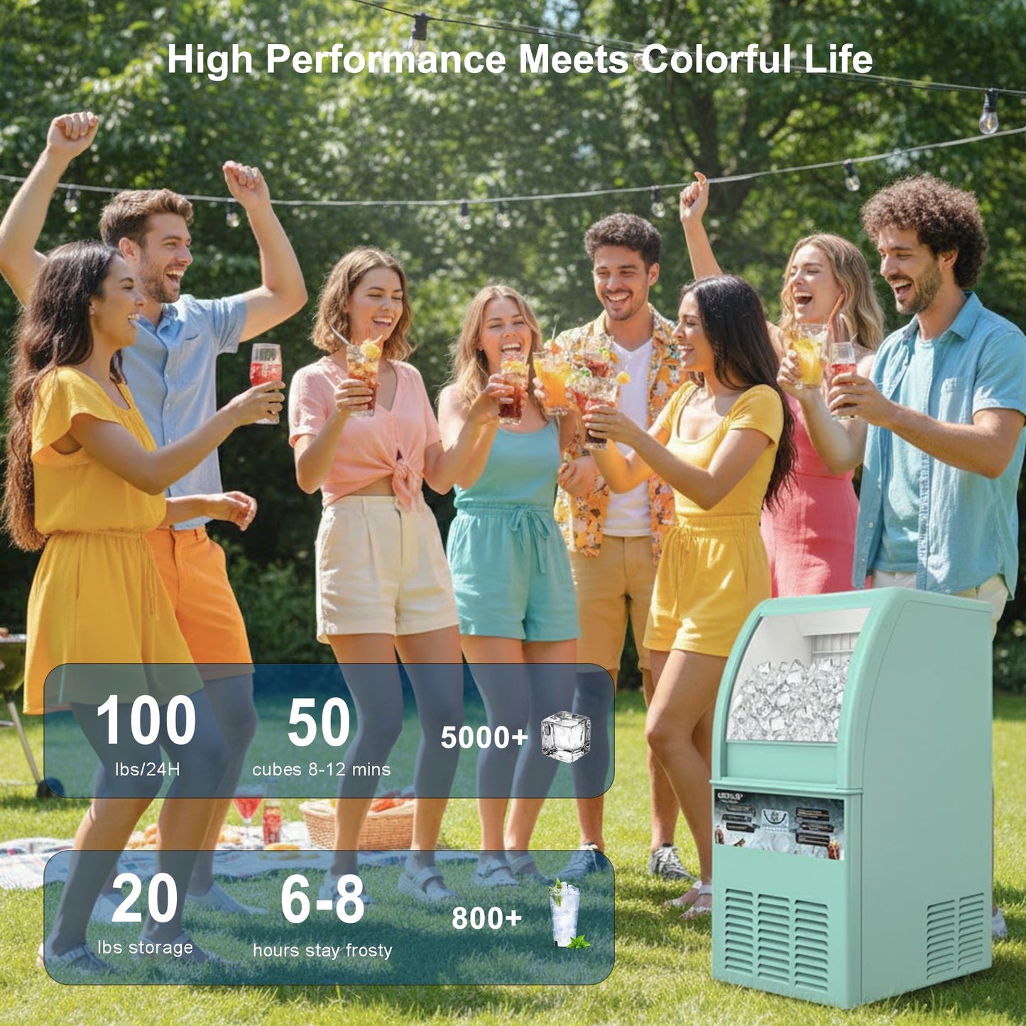 Commercial Ice Maker Machine, 100lbs/24H Ice Machine with 20lbs Storage Bin, 50 Cubes in 8-12 Mins, Small Size Freestanding/Under Counter Ice Maker, Support Gallon Bottle Water, Timer, Self-Cleaning