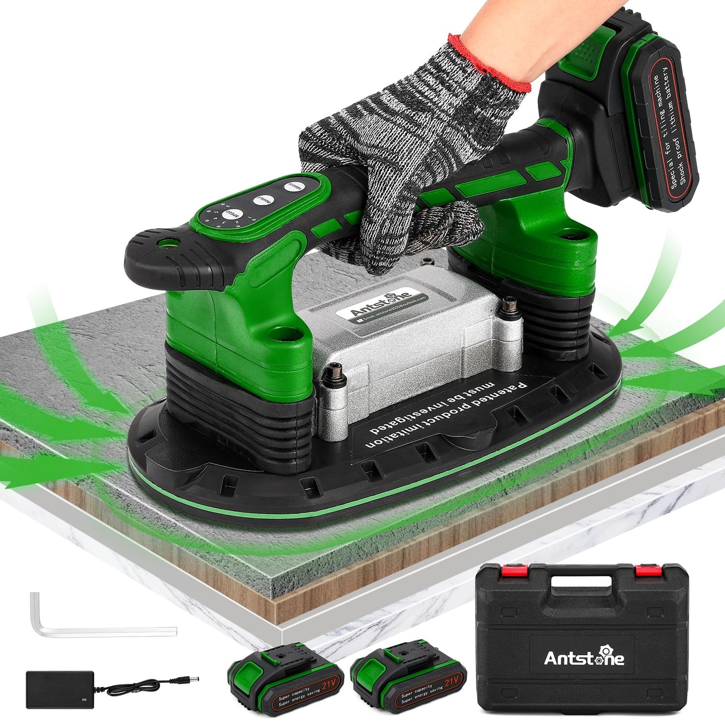 Antstone Tile Vibration Tool 283mm Suction Cup 882lbs/400kg, Handheld Tile Installation Leveling Machine 6-Speed Adjustable Tile Vibrator for Tiling Leveling Laying Max.28000 RPM 2 Batteries Included