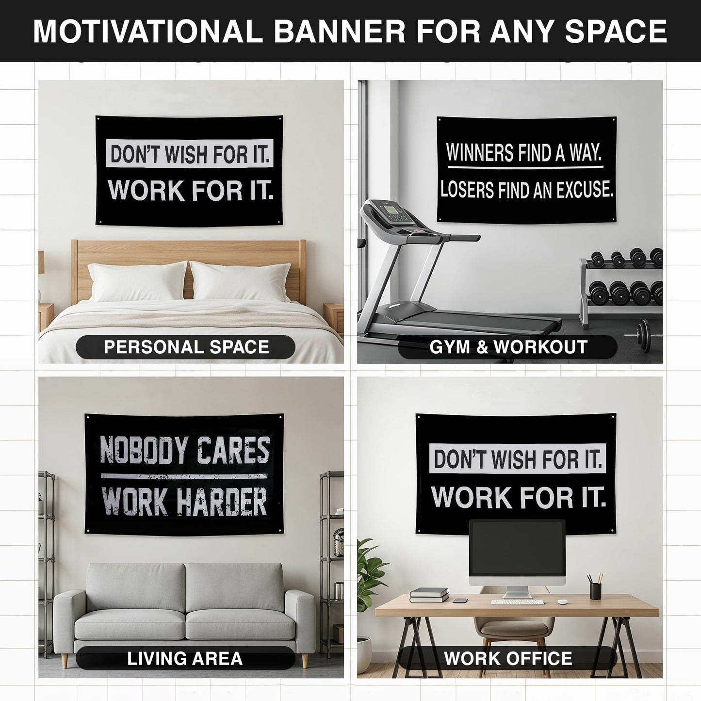 Nobody Cares Work Harder Motivational Banners Kit Three Different Incentive Flags for Gym Office Garage Decor Indoor/Outdoor Poster Style Banner with 4 Grommets - Heavy-Duty 13oz Vinyl(3 x 5 FT)