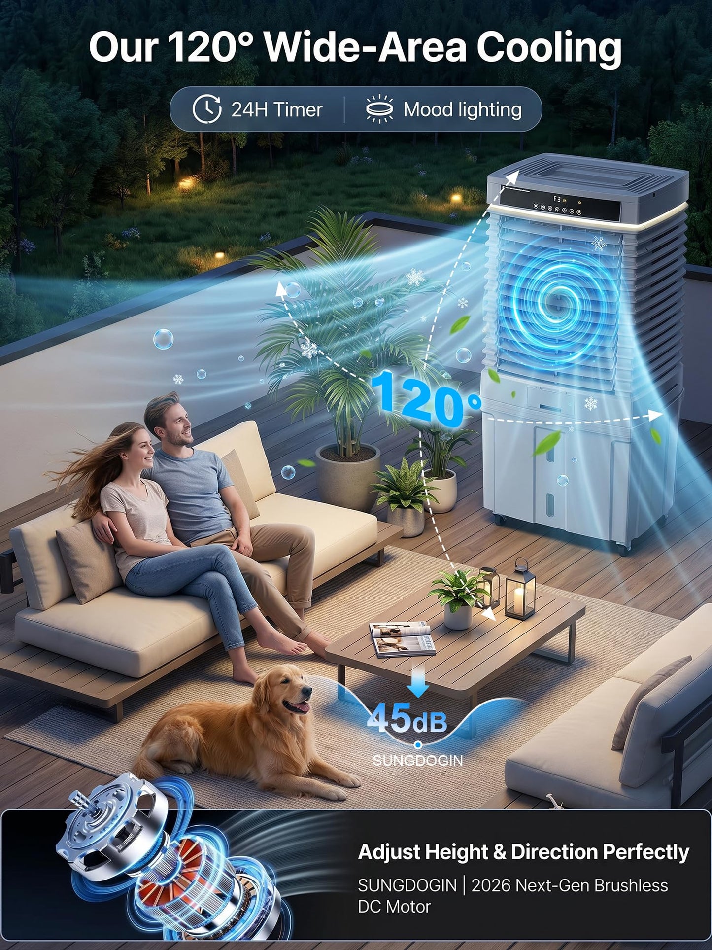 4000CFM Swamp Cooler, Outdoor Air Conditioner with 13.5Gal Detachable Water Tank, Portable Evaporative Air Cooler with Ambient Light, Patio AC Unit, 120° Oscillation Water Cooling Fan for Garage