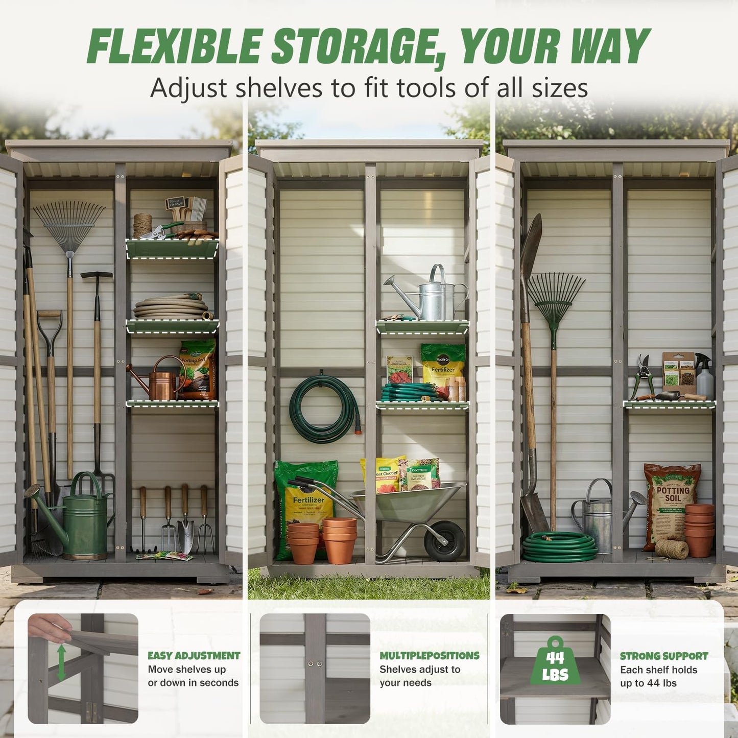 Outdoor Storage Cabinet – Store More in Less Space, Tall Vertical Garden Tool Organizer with 4 Shelves & Long Handle Storage, Weather-Resistant Patio Cabinet for Backyard, Garden, Side Yard