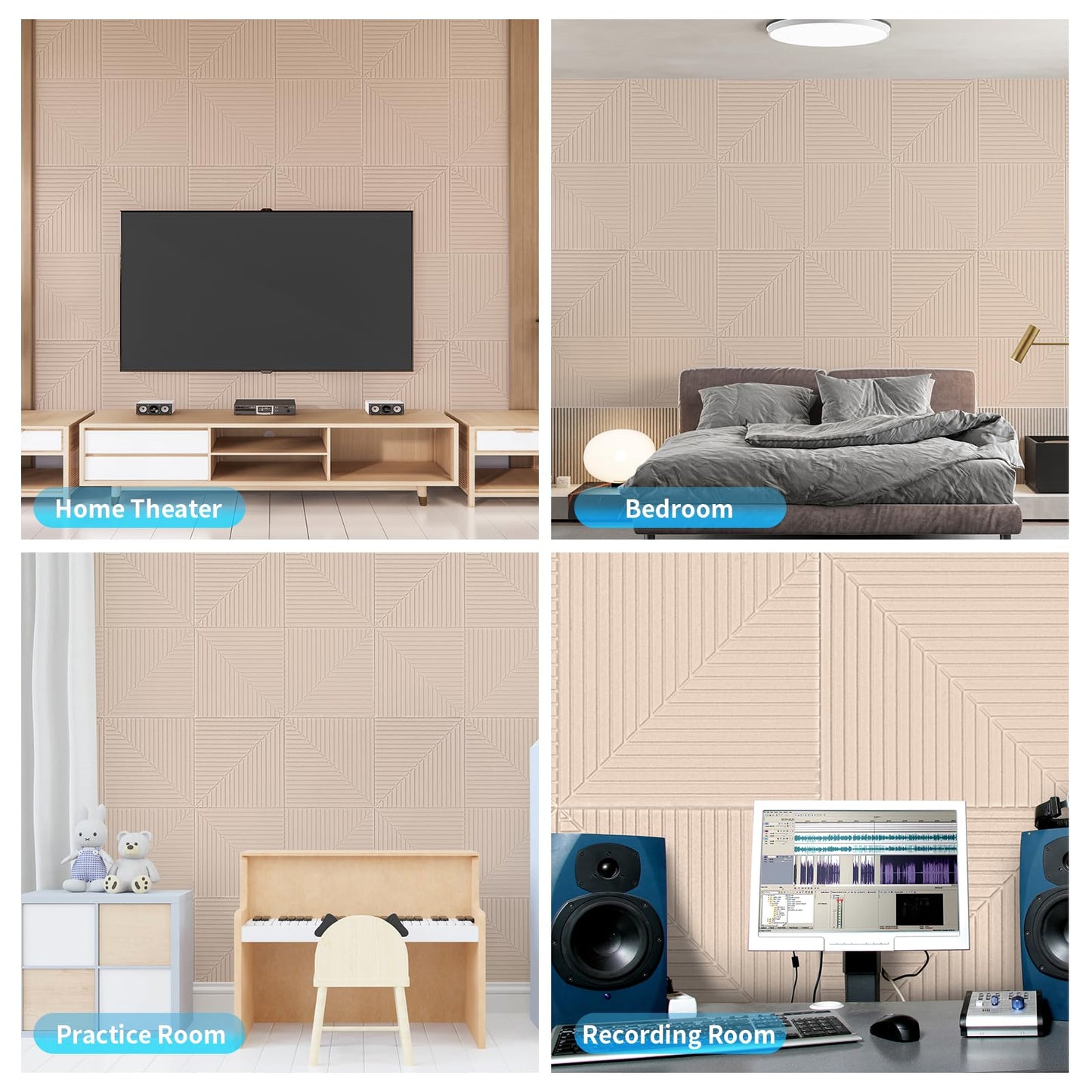 Art3d 6-Pack Self-Adhesive Acoustic Wall Panels for Home Décor, 24 x 24 Inch Soundproofing Panels for Office Studio Bedroom - High Noise Absorption Polyester Fiber, Camel