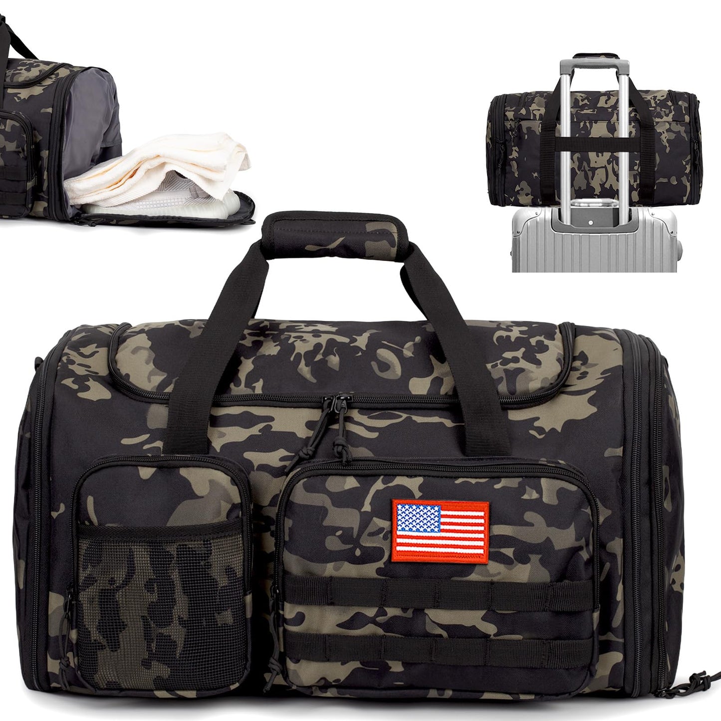 Tactical Duffle Bag For Travel Expandable 52L Large Duffle Bag For Men Gym Duffel With Wet Pocket Multi-Functional Carry On Bags Weekender Overnight Bag Organizer Duffel Bag For Travel