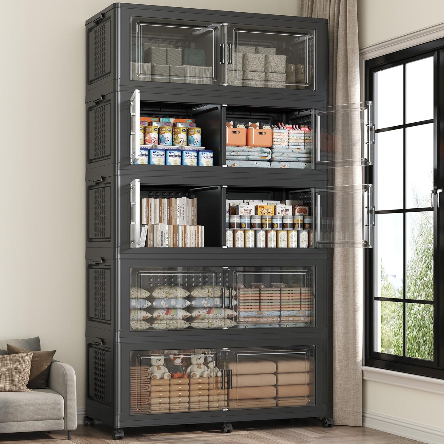 HOCRYPTA 250Gal 5-Tier Collapsible Storage Bins with Lid & Wheels, 1000QT Stackable Large Plastic Storage Cabinet Organizer Box with Doors for Bedroom Closet Kitchen Clothing Storage, Black
