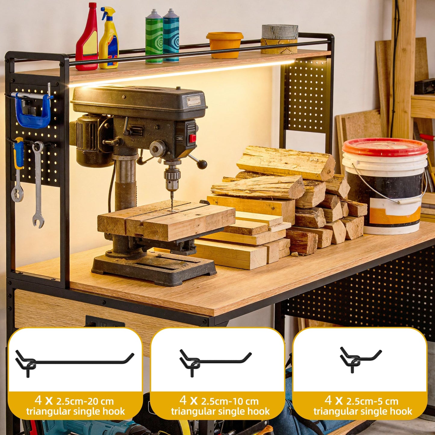 DWVO 59"x31" Adjustable Height Workbench with Pegboard and Storage Shelf, Heavy Duty Work Bench with Wheels, Load 1100lb, Work Table with AC/USB Outlet, LED Light, Hooks, for Garage, Workshop, Home