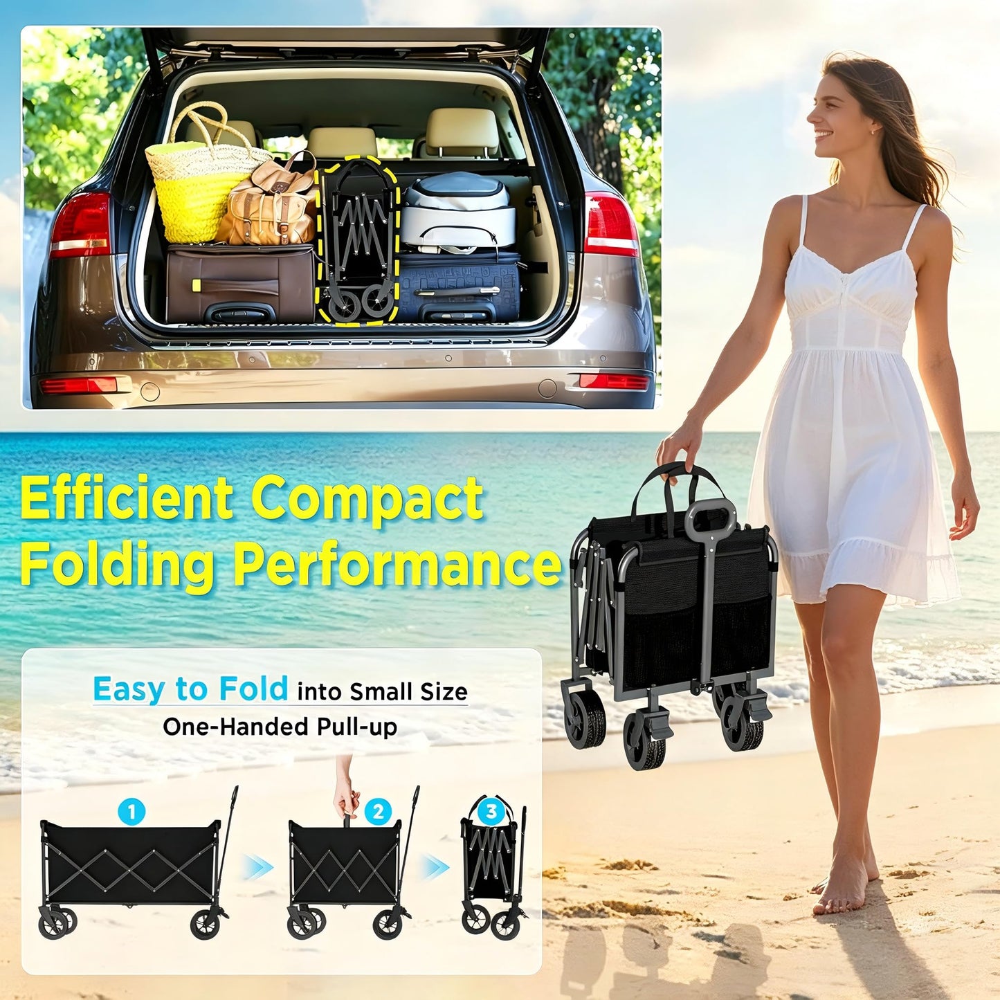 Wagons Carts Foldable Collapsible Foldable Extended Wagon with Brakes, 500lbs Weight Capacity, Heavy Duty Folding Utility Garden Cart with Big All-Terrain Beach Wheels & Drink Holders