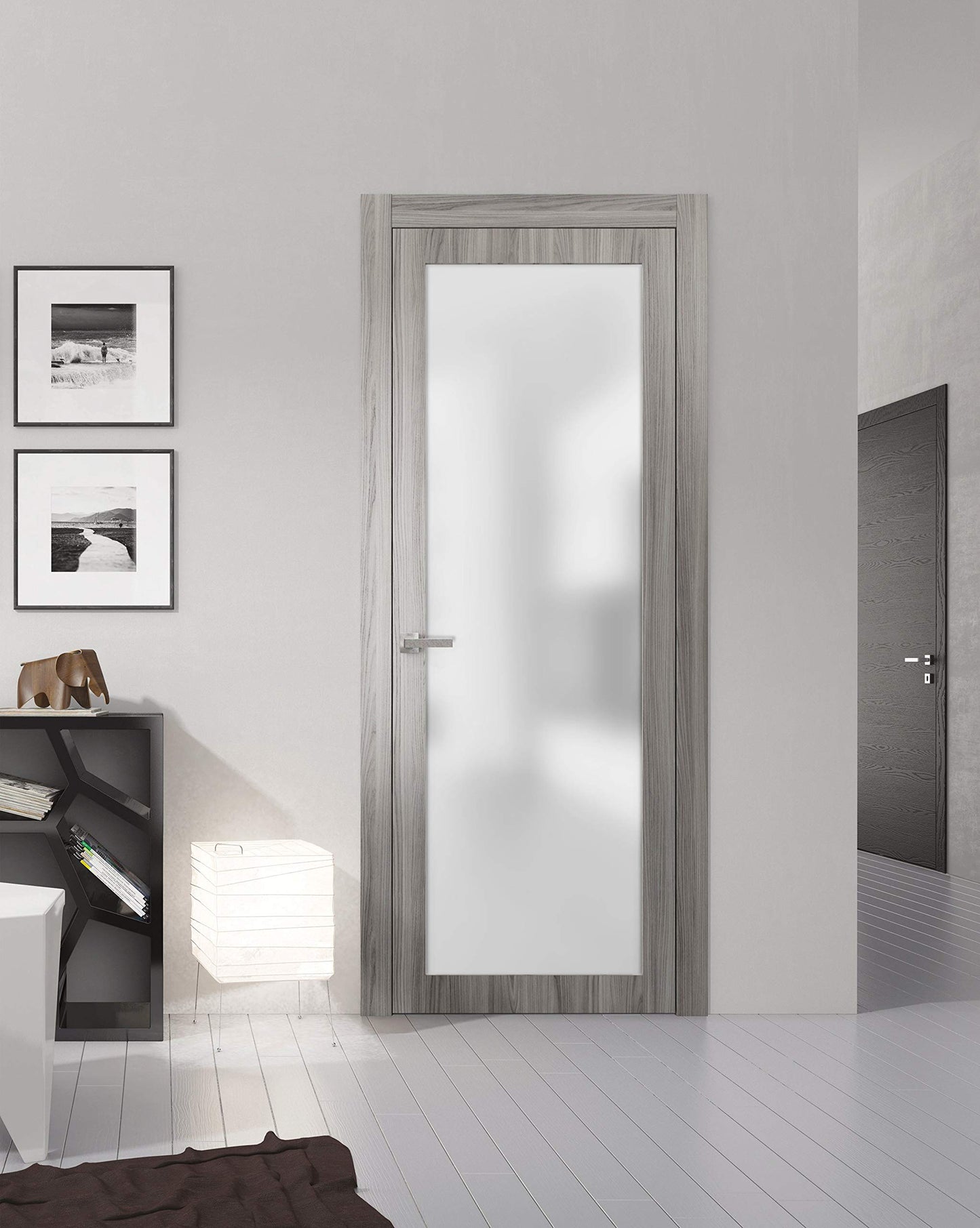 SARTODOORS Lite Frosted Glass Door 36x84 | Planum 2102 Ginger Ash | Frames Trims Satin Nickel Hardware | Bedroom Bathroom Solid Core Wooden Panel