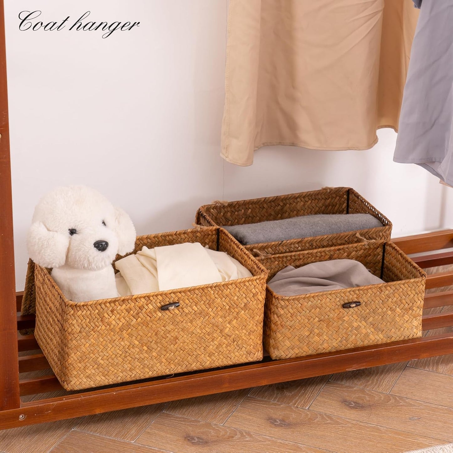 Nonam Storage Basket Set of 3 - Natural Seagrass Bins with Lids for Boho Home Organization