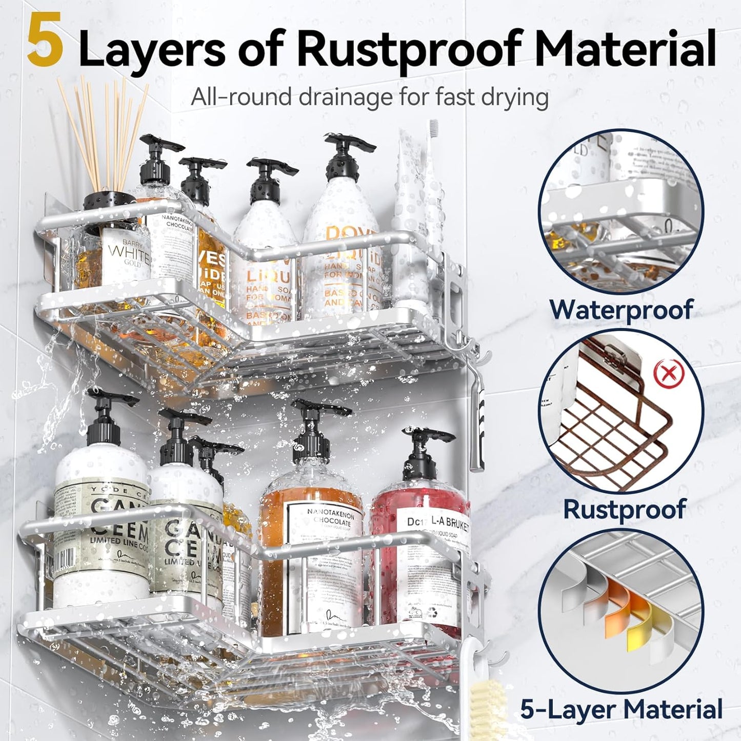 YASONIC Corner Shower Caddy Organizer - Rustproof Self-Adhesive Bath Shelves with Soap Holder & 4 Hooks | Large Capacity, Silver (3-Pack)