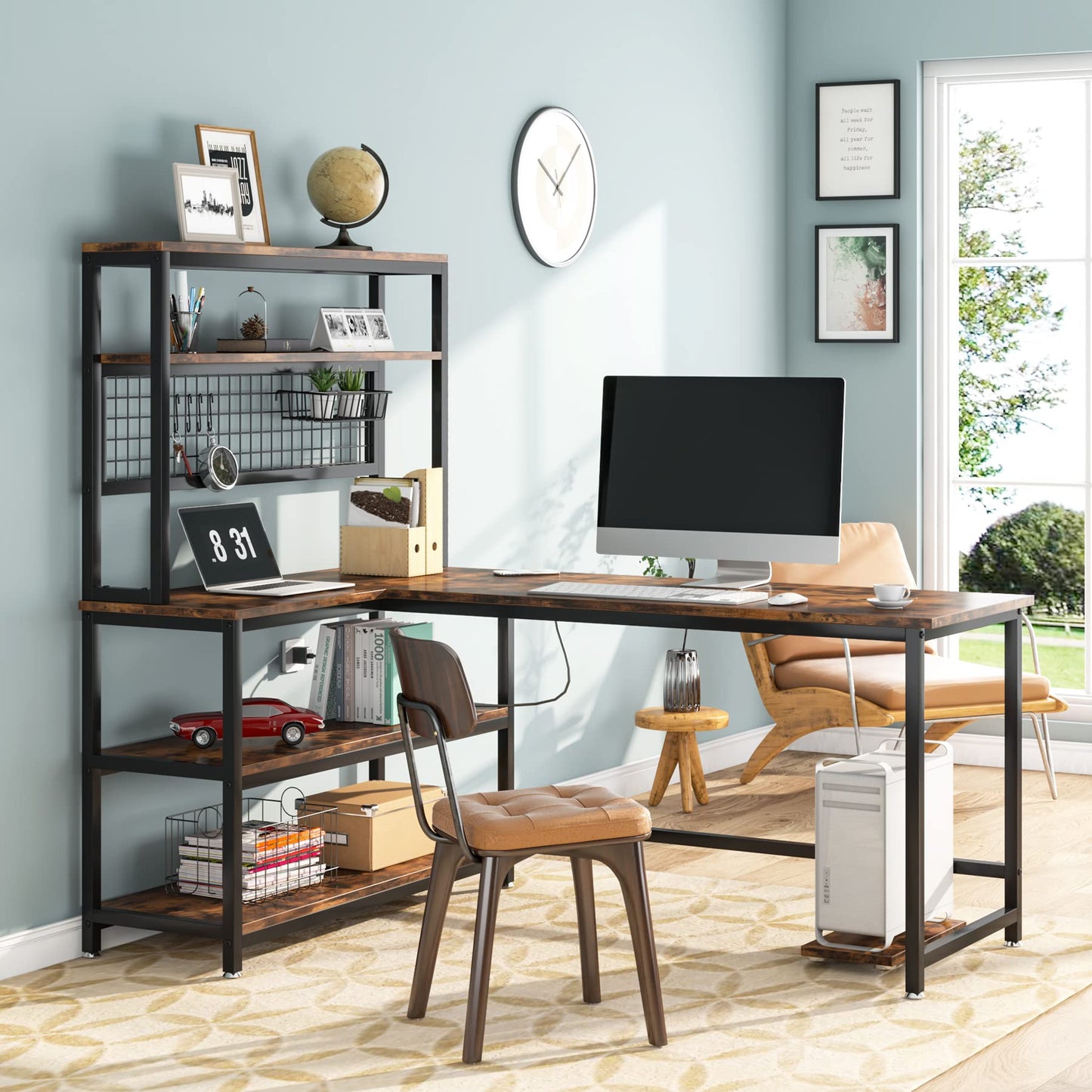 Tribesigns 55" L-Shape Computer Desk with Hutch and Wireless Charging, Office Desk Study Table Writing Desk Workstation with 5 Shelves and Movable CPU Stand for Home Office (Brown)