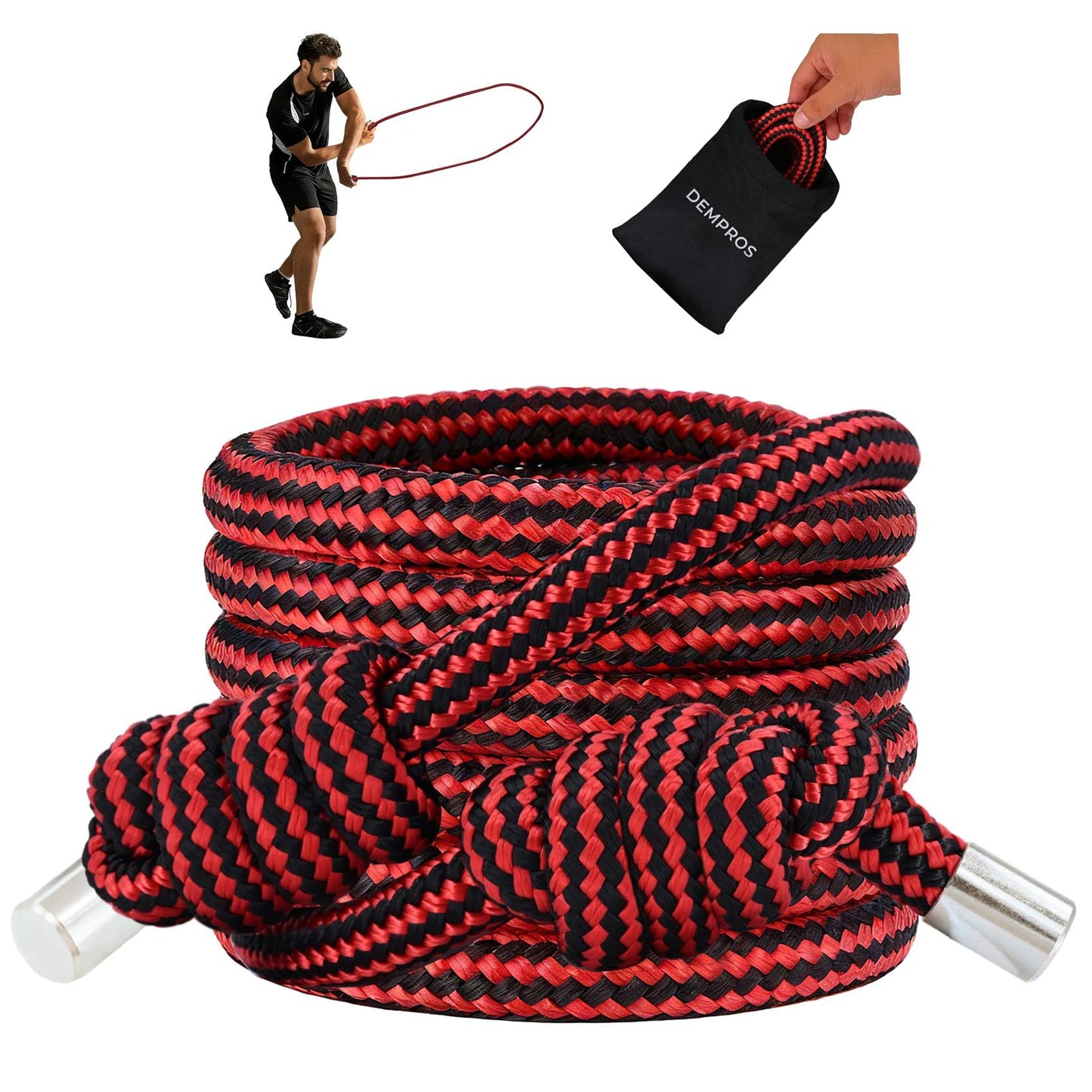 DEMPROS 1.5lb Weighted Flow Rope for Men & Women – Heavy Rope Training Tool for Mobility, Coordination & Low-Impact Cardio (Black Red Braid, 16MM)