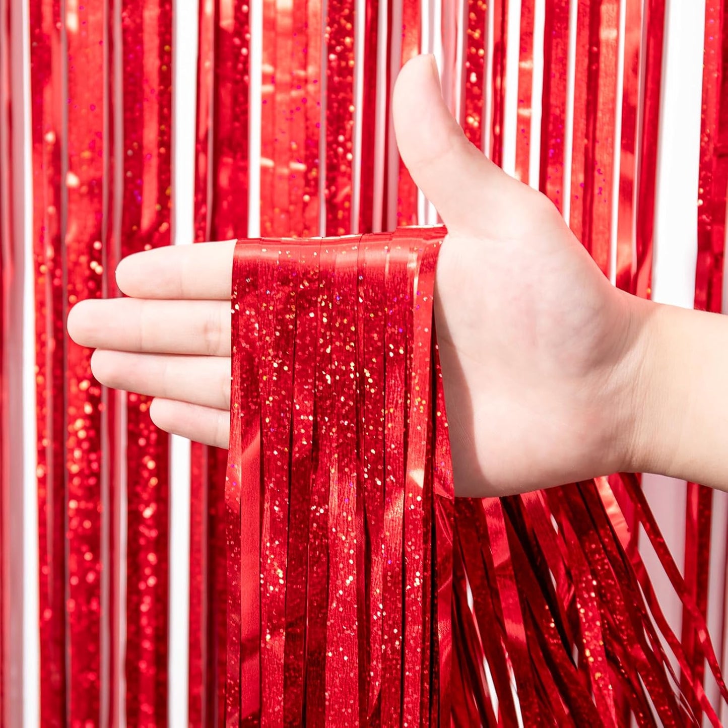 Voircoloria Laser Red Foil Fringe Backdrop Curtains - 3 Pack, 3.3 x 8.2 ft | Perfect for Parties & Celebrations