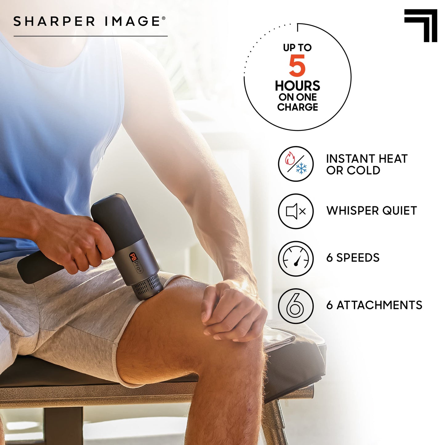 Sharper Image Deep Tissue Percussion Massage Gun, Powerboost Pro+ Hot & Cold Rechargeable Handheld Massager, 6 Adjustable Speeds, 6 Attachment Heads & Carrying Case, Muscle Pain Relief, Black