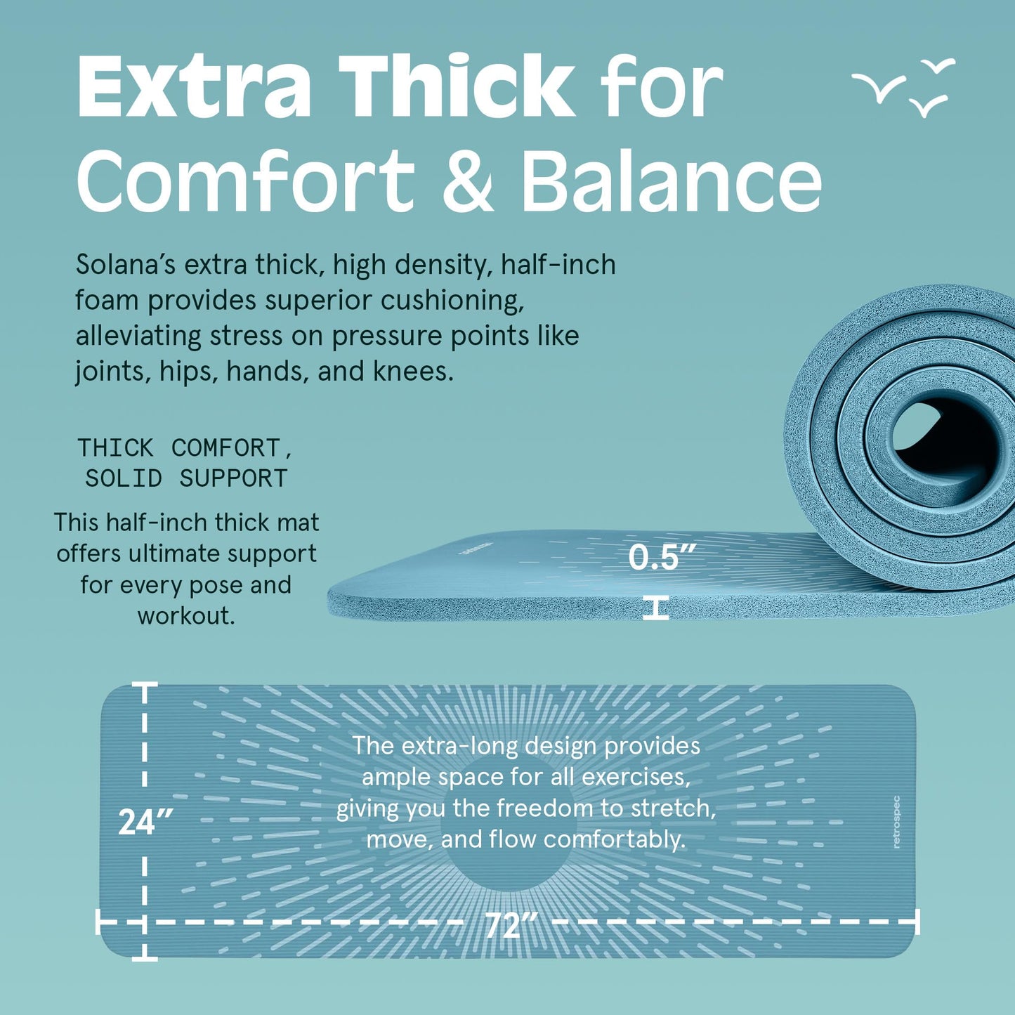 Retrospec Solana Yoga Mat 1/2" Thick w/Nylon Strap for Men & Women - Non Slip Excercise Mat for Yoga, Pilates, Stretching, Floor & Fitness Workouts