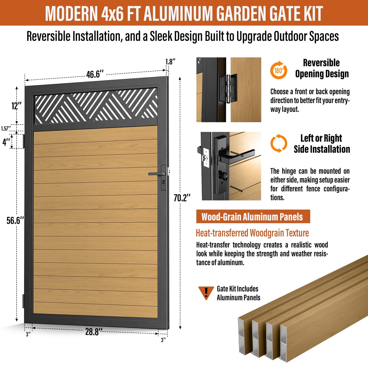 TORMIZ 4x6 FT (46.8"x70.8") All-Aluminum Fence Gate Kit with Wood-Grain Panels – Heavy Duty Anti-Sag Metal Gate Frame, Pre-Installed Left/Right Mount (All-in-One Kit, Panels Included)
