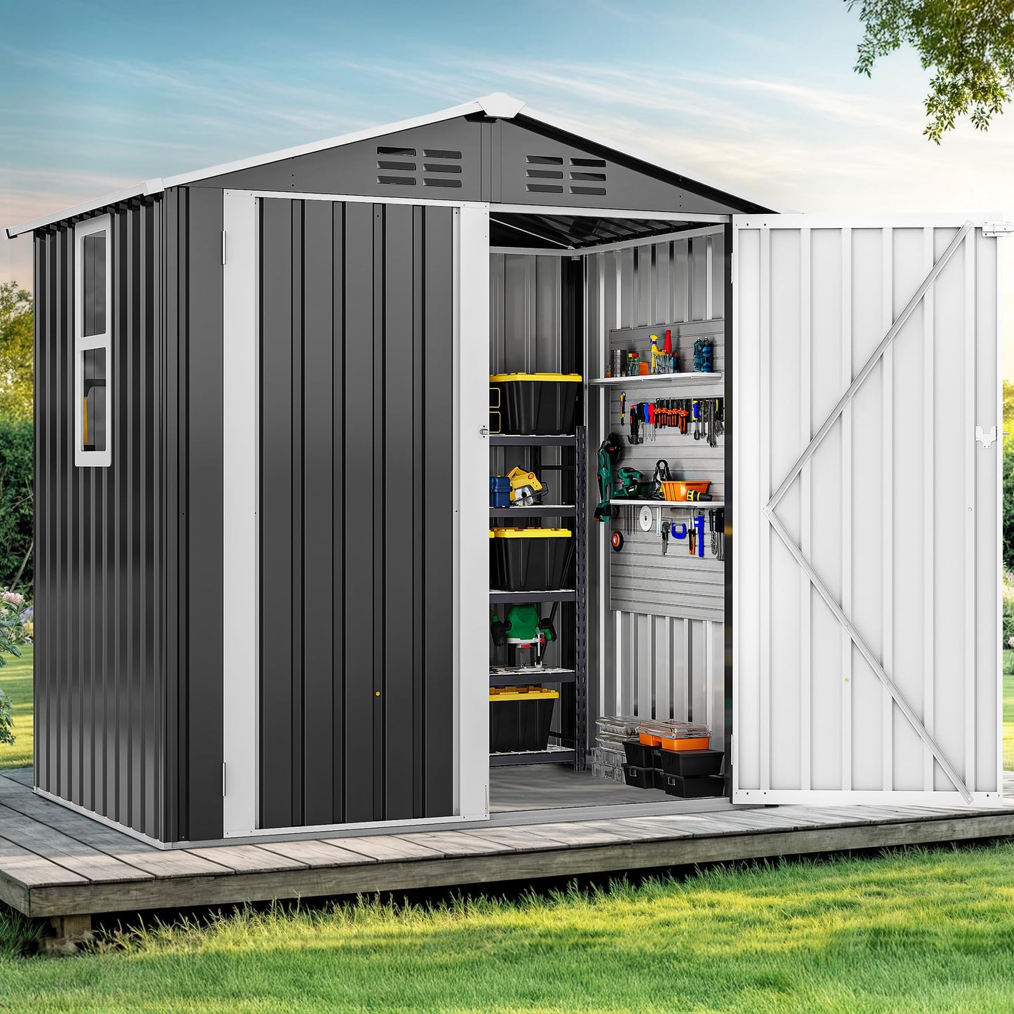 DWVO 6x4ft Large Tool Storage Shed with Window, Lockable Doors, and Sloped Roof, Oversized Steel Outdoor Storage Shed for Garden, Patio, Garage, Backyard, Lawn - Gray White