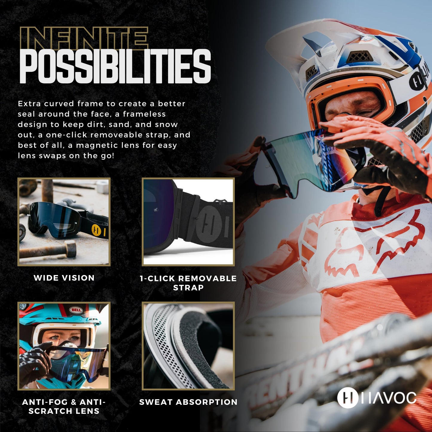 Havoc Racing Magnetic Frameless Goggles - For Motocross, Dirt Biking, Snowboarding, ATV, & UTV - Hammerhead Goggles, Clear Lens, & Hard Case Bundle