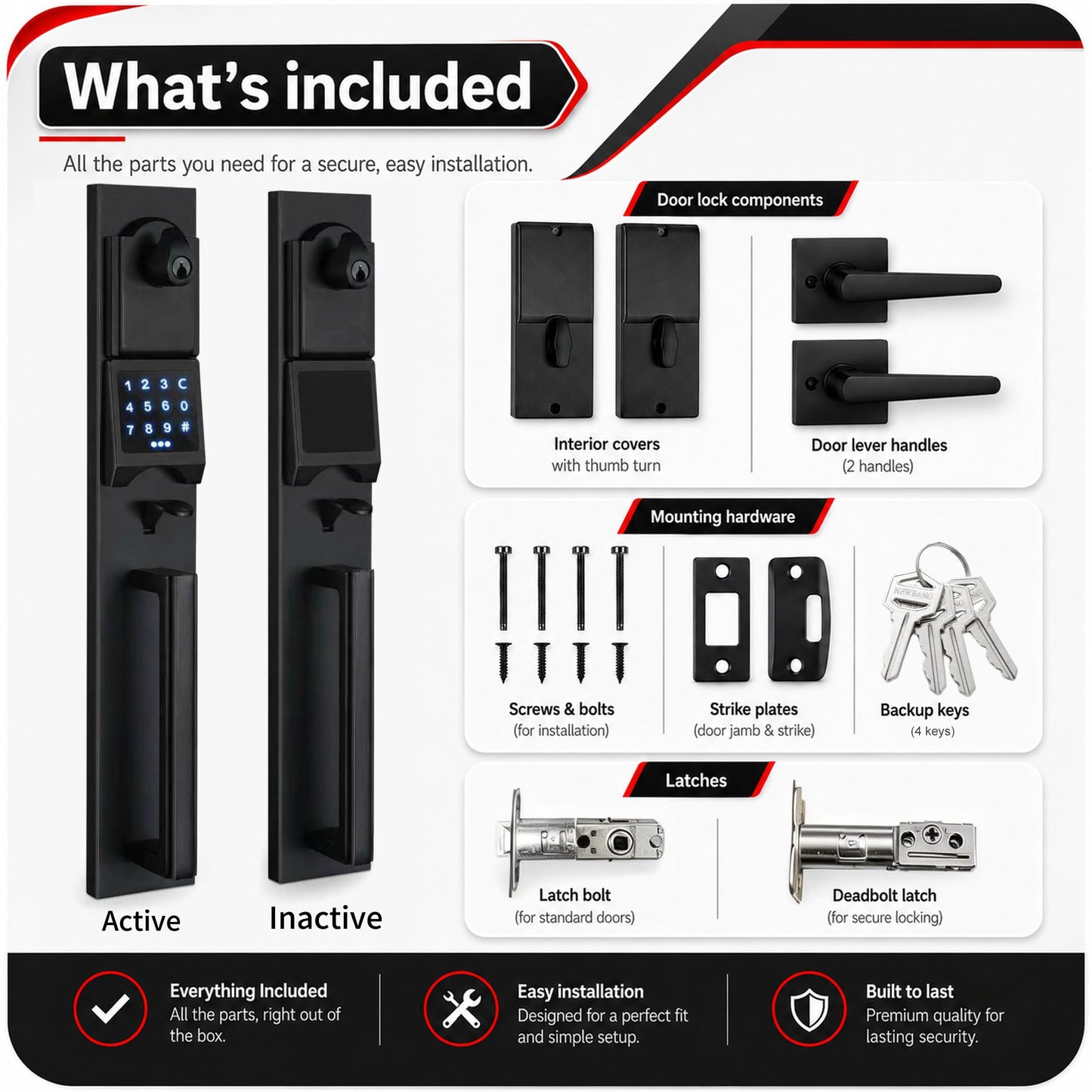 NEWBANG Digital Front Door Handleset with Keypad for Double Doors in Black Finish- Electronic Lockset with Dummy Set