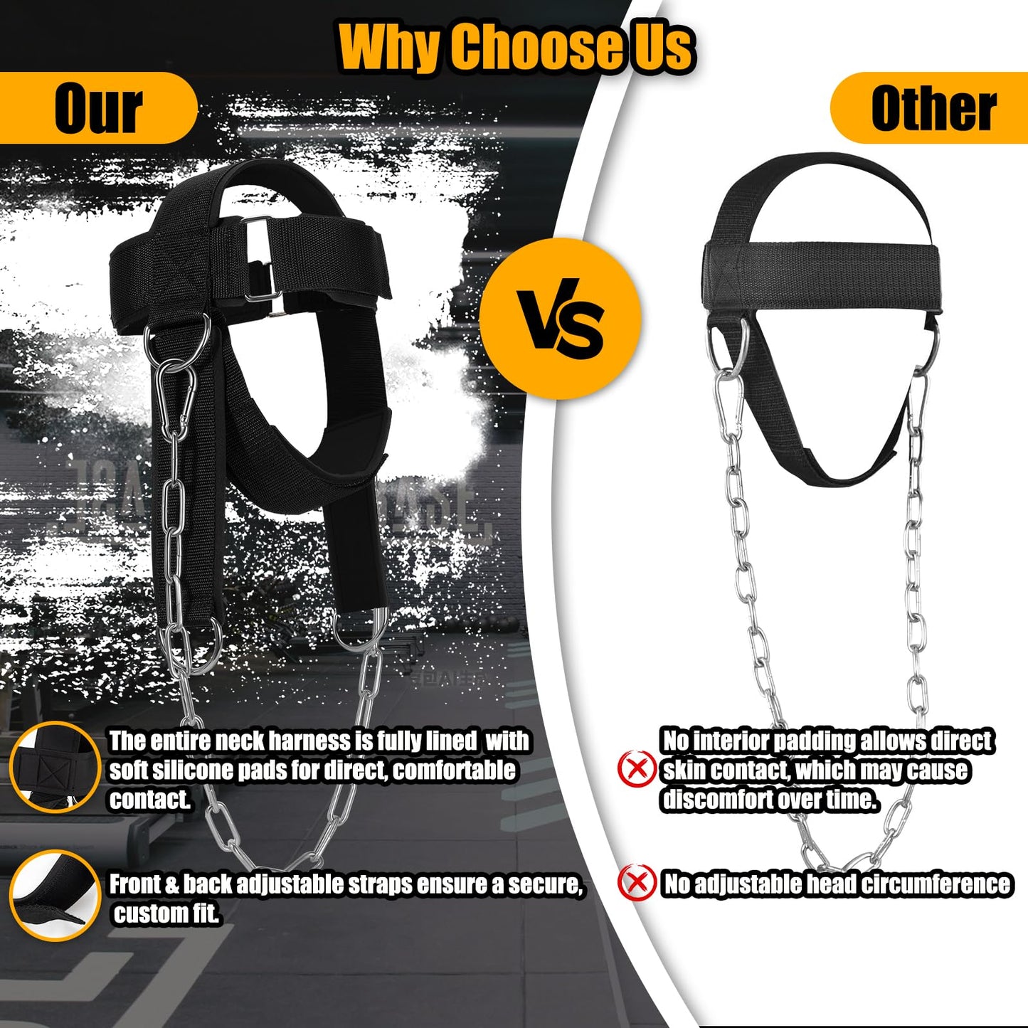 Neck Harness Weight Lifting, Portable Neck Exerciser for Neck Muscle Builder and Pain Relief, Adjustable Soft Padded Chin & Head Strap, Heavy Duty Stainless Steel Chain