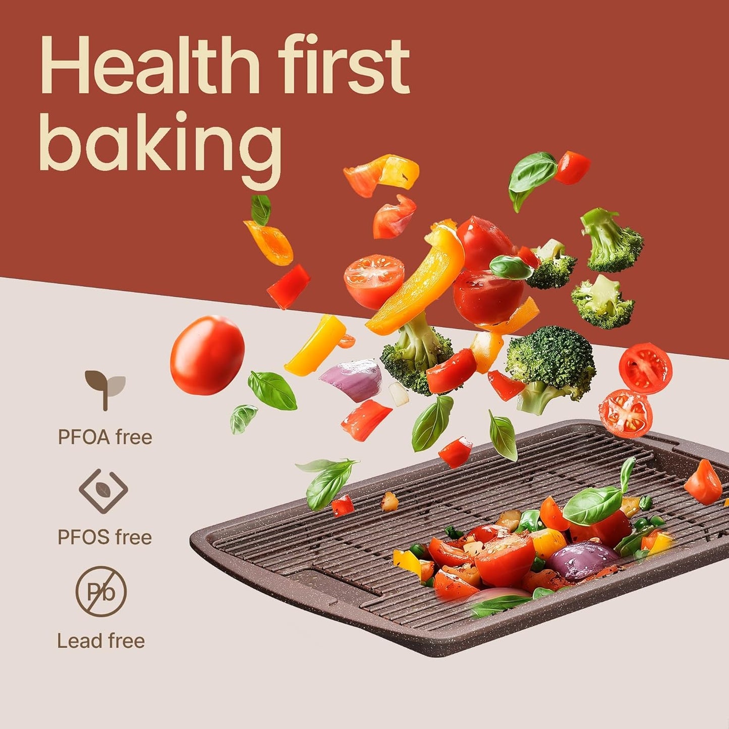 Regine Switzerland Nonstick Cookie Sheet Set - 2-Piece Brown Marble Carbon Steel Pan & Cooling Rack, Oven Safe Up to 450°F, Space-Saving Design