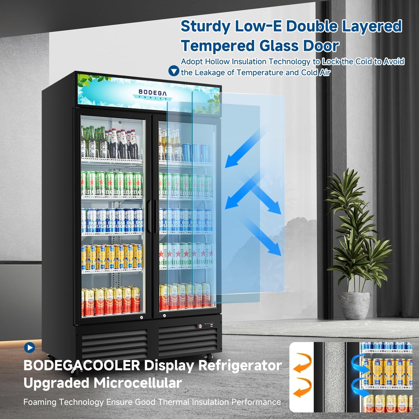 BODEGA BODEGACOOLER 35.4 Cu. Ft Commercial Beverage Refrigerator, 2 Glass Door Merchandiser Cooler Display Refrigerator with LED Lighting, Adjustable Shelves, Temperature Control and Casters, Black