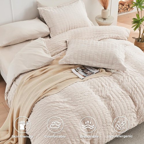 HYMOKEGE California King Comforter Set - Luxury 7-Piece Seersucker Bedding in Beige for All Seasons