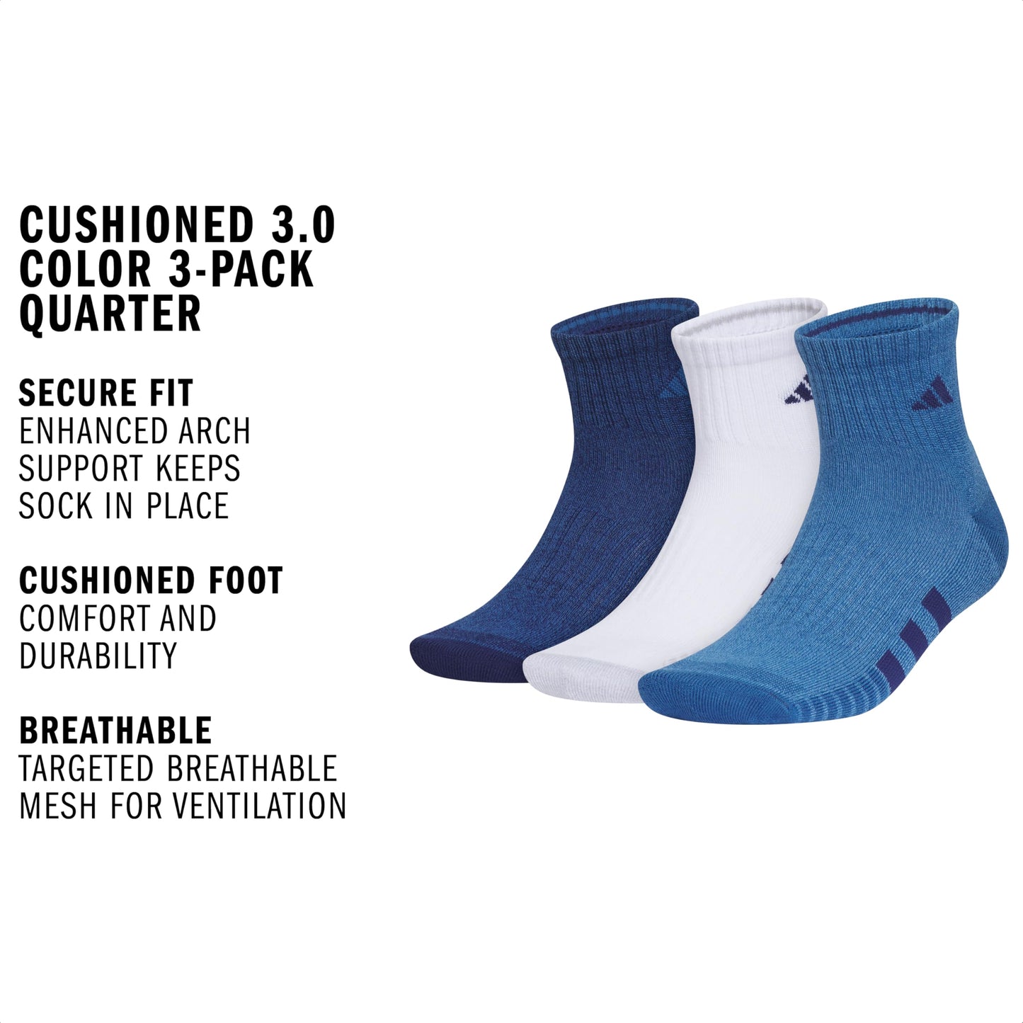 adidas Mens Cushioned Quarter Ankle Socks (3 Pairs) Durable & Comfortable
