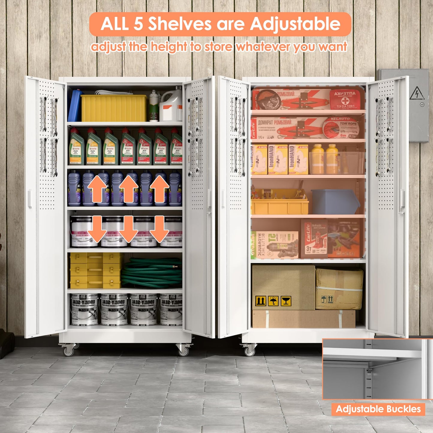 Aobabo Upgrade 71H''*34''W*18''D Metal Garage Storage Cabinet with Wheels and Pegboards, 5 Adjustable Shelves Steel Storage Cabinets for Home,Warehouse,Garage,Assembly Required,White