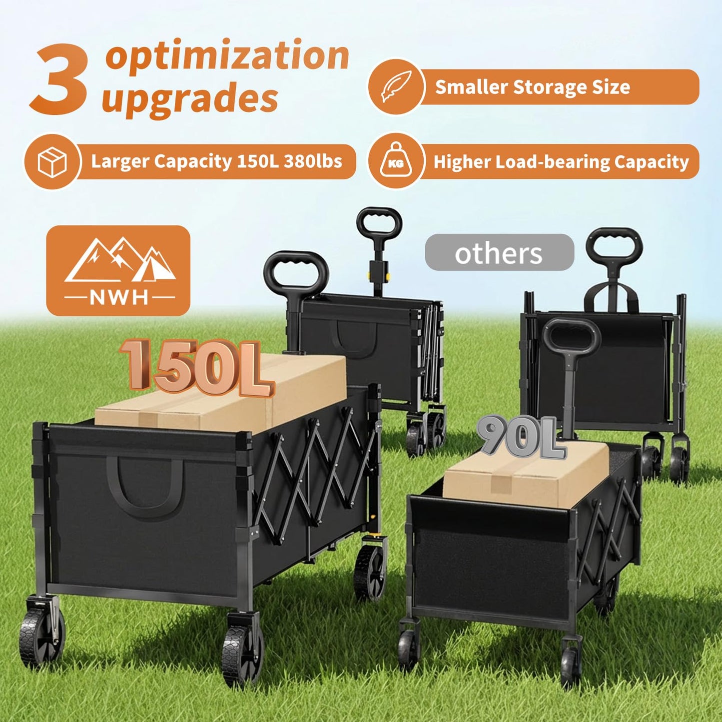 NWH 34'' Extra Long Collapsible Wagon, 380lbs Large Capacity Folding Wagons Carts with Wheels Foldable, Heavy Duty Utility Cart with All-Terrain Wheels for Beach Outdoor Grocery Camping Garden