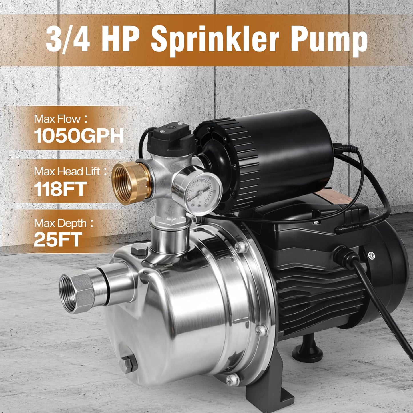 3/4 HP Water Pressure Booster Pump for House, Shallow Well Pump with Pressure Tank, Stainless Steel 1050 GPH 110V Auto On/Off Water Booster Pump, Irrigation Garden Sprinkler Pump for Home