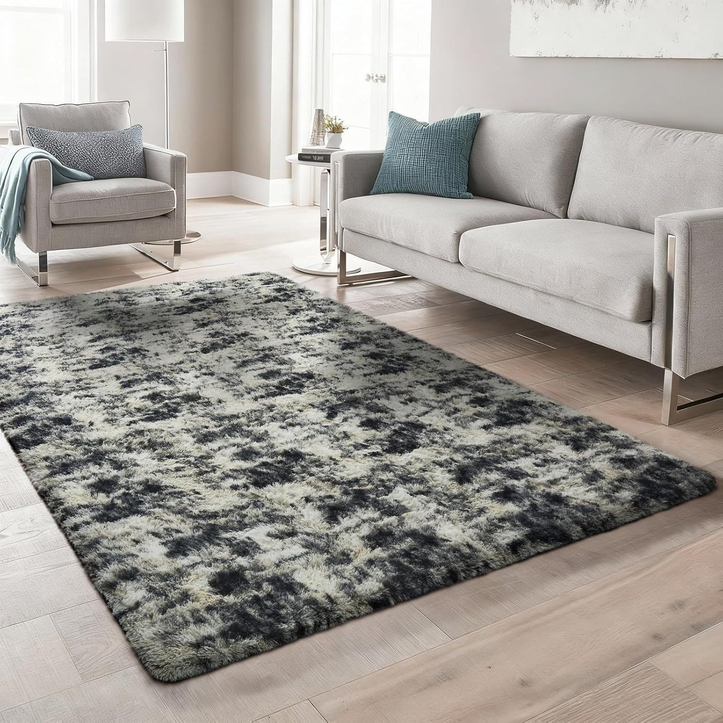 Ophanie Area Rugs - Fluffy Black, Gold & Grey Shag Carpet for Living Room | 5x7 Soft Plush Decor