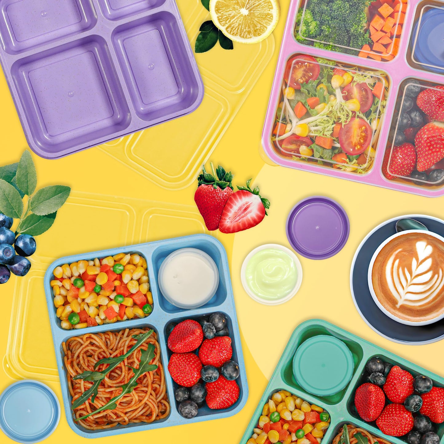 Original Design Lunchable Container Bento Box, 40OZ Large Snack Containers for Adults & Kids with 4 Compartments, 4 Pack Bento Lunch Box with Salad Dressing Containers, Microwave & Dishwasher Safe