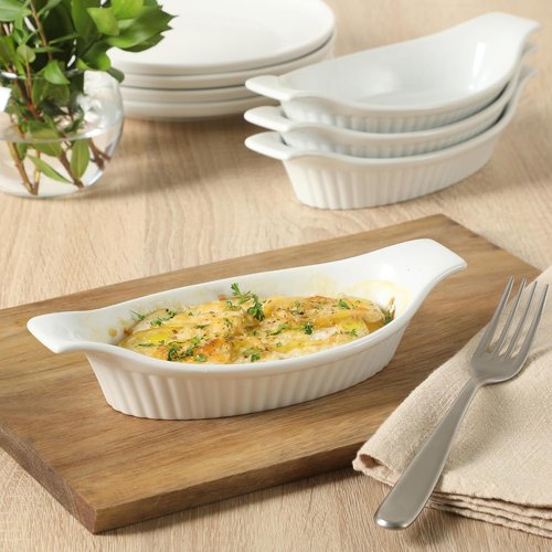 Gibson Home Gracious Dining Oval Au Gratin Baking Dishes - 4-Piece Ceramic Set | 9 oz Oven Safe, White