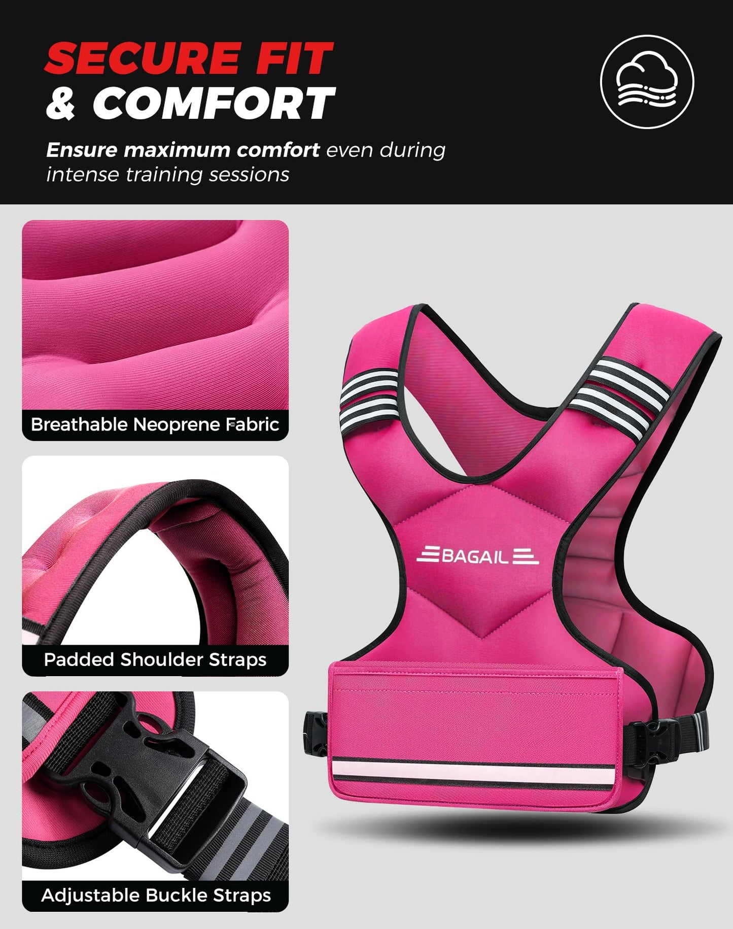 BAGAIL Adjustable Weighted Vest for Women 4-10lb, Comfortable U-Neck Rucking Vest with 6 Removable Weights, Storage Pocket and Reflective Strips for Walking, Jogging, Weight Loss & Home Workouts