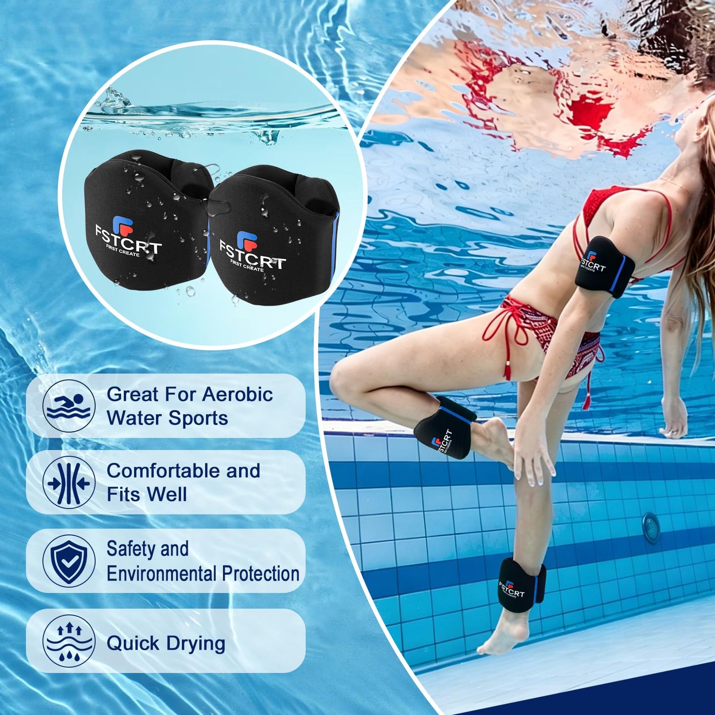 Fstcrt 2 Pcs Foam Aquatic Cuffs Exercise Equipment, Water Aerobics Float Ring with Adjustable Webbing, Pool Exercise Workout Set, Water Ankle Ring for Adults