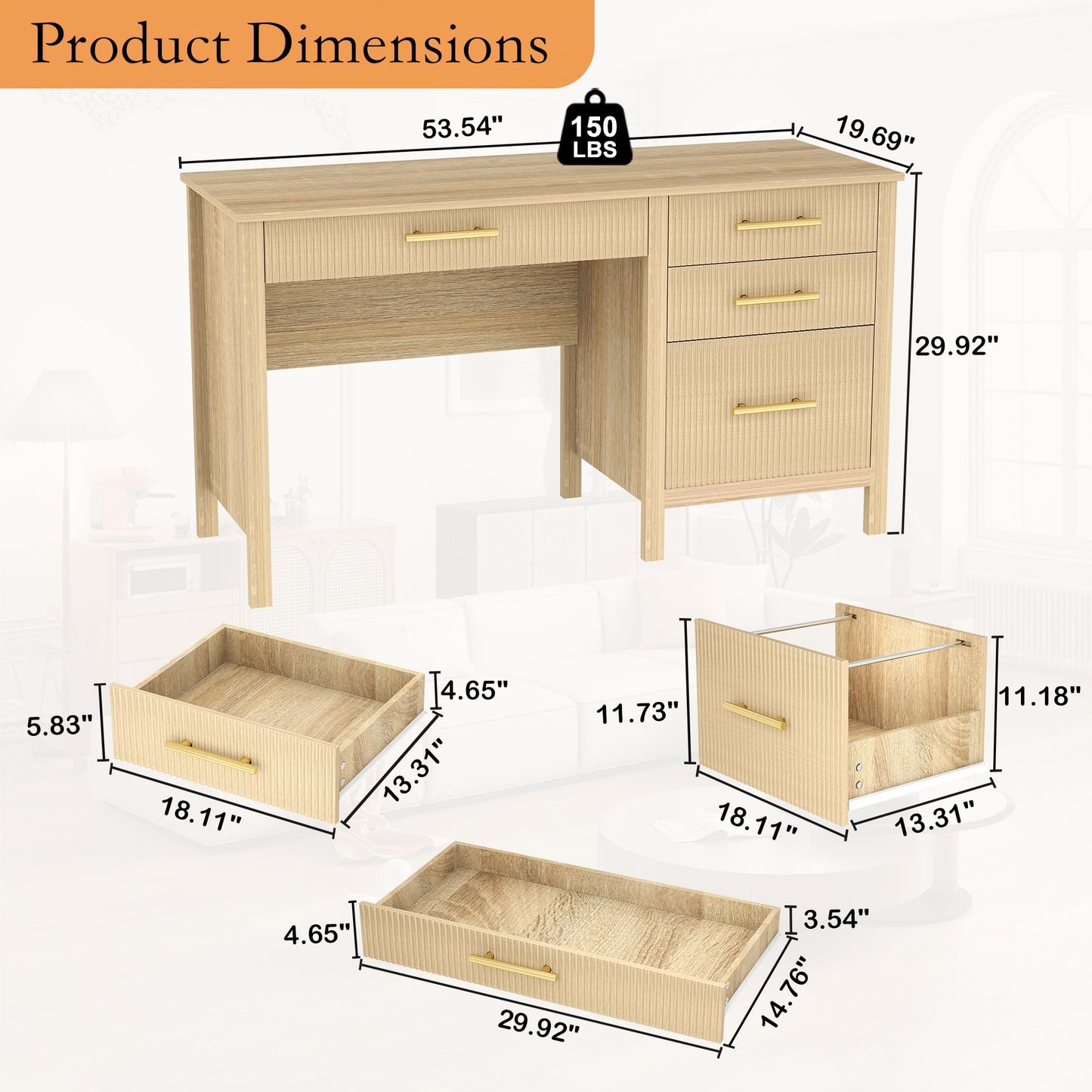 Mhsatyrs Modern Executive Desk with Drawers: 55" Oak Home Office Desks with File Drawers, Fluted Desk with Storage, Wood Computer Desks for Work, Study and Living Room (Oak, 54")