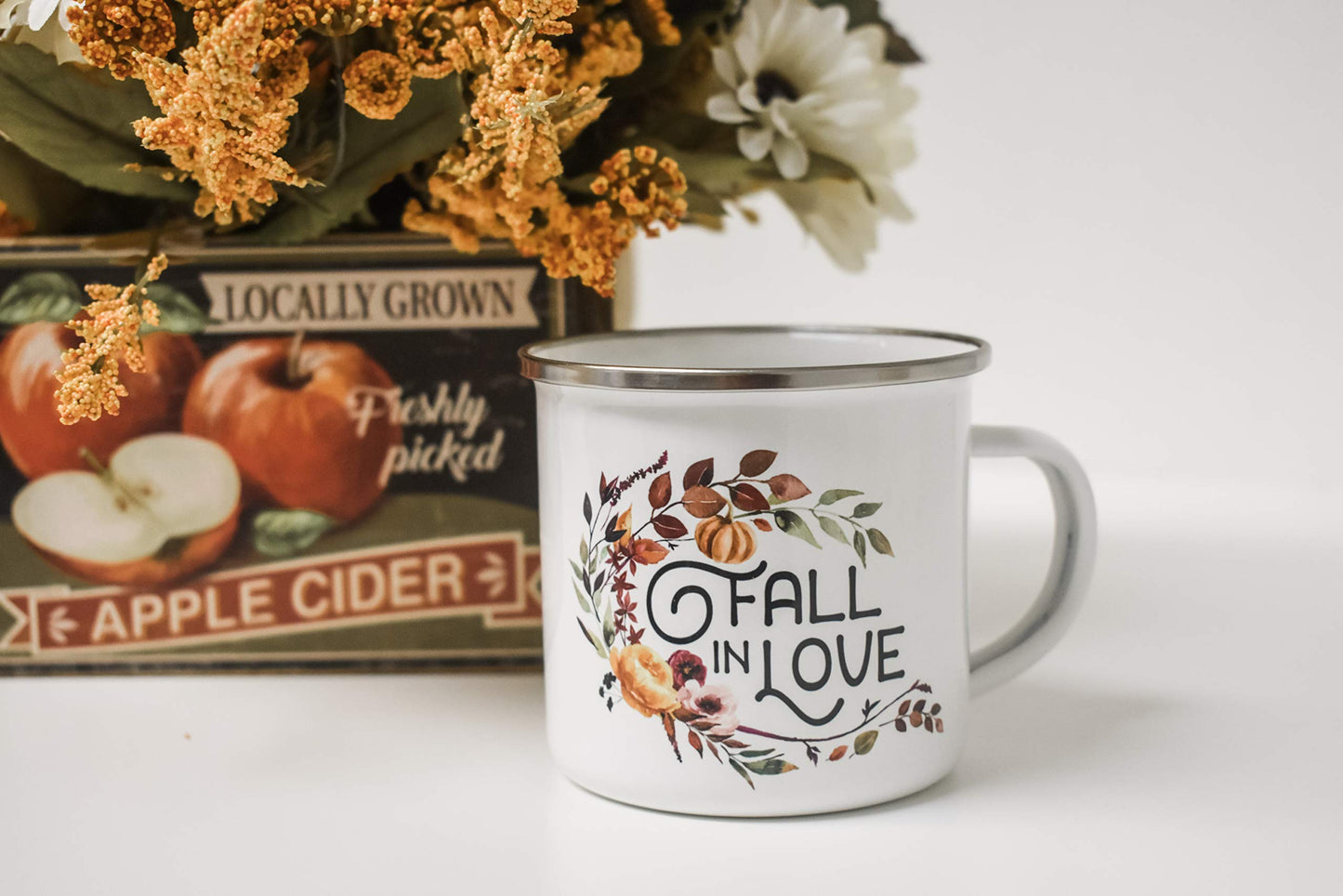 Fall in Love Autumn Coffee Camp Mug, Fall Lover Enamel Outdoor Camping Mug, Thanksgiving Pumpkin Spice Sweater Weather Cup (12oz)