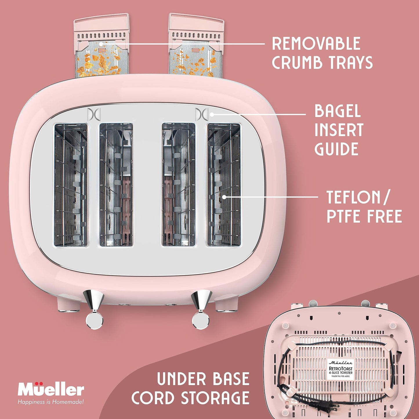 Mueller Retro Toaster 4 Slice with Extra Wide Slots Bagel, Defrost, and Cancel Function, 6 Browning Levels, Dual Independent Controls, Removable Crumb Tray and High Lift Levers, Sage Green