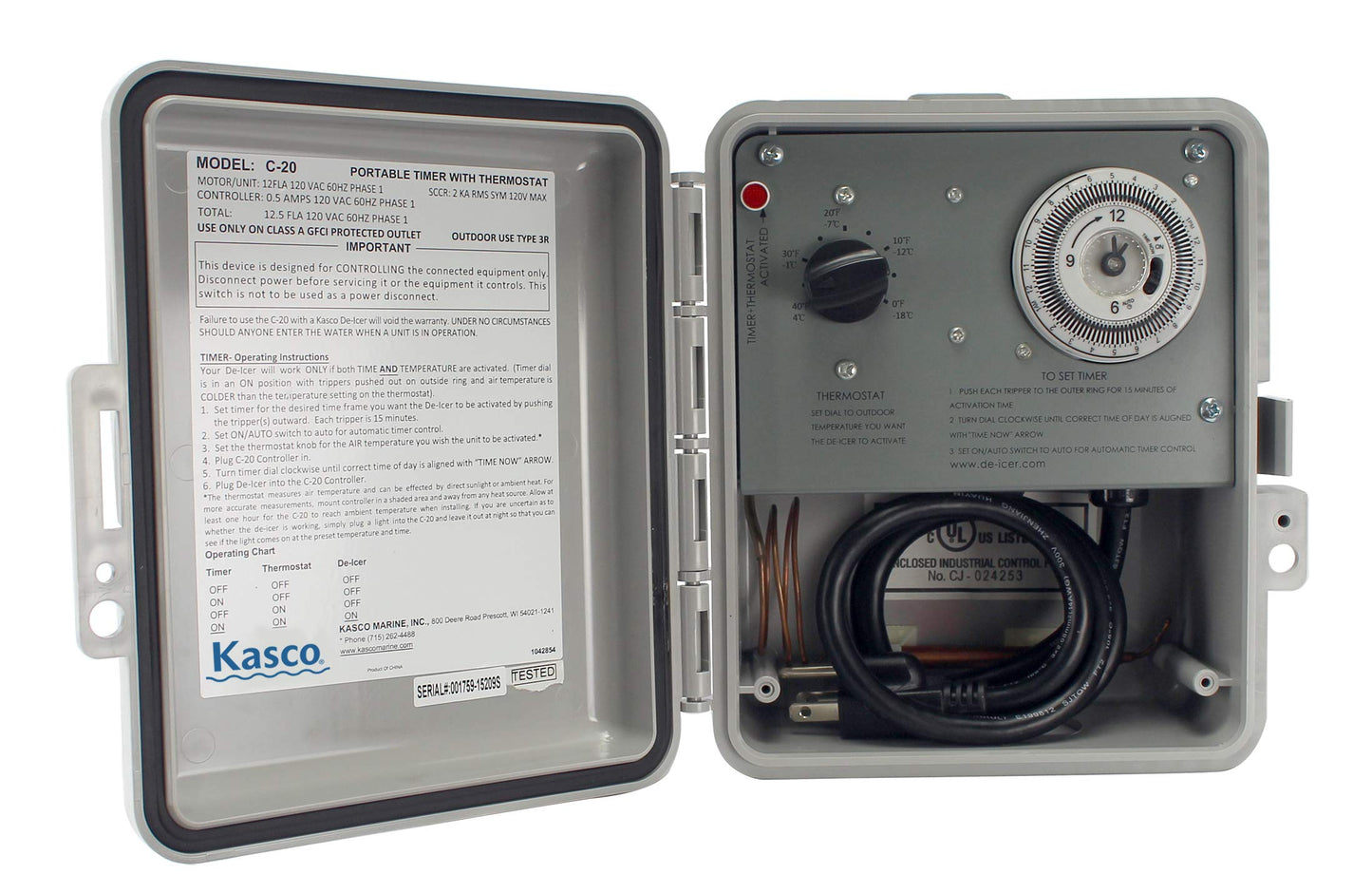 Kasco De-Icer Time & Temperature Controller C-20 - Air Temperature Thermostat and Timer | Automatically Turn On/Off 120V De-icer | Operates B/W 0-80 °F