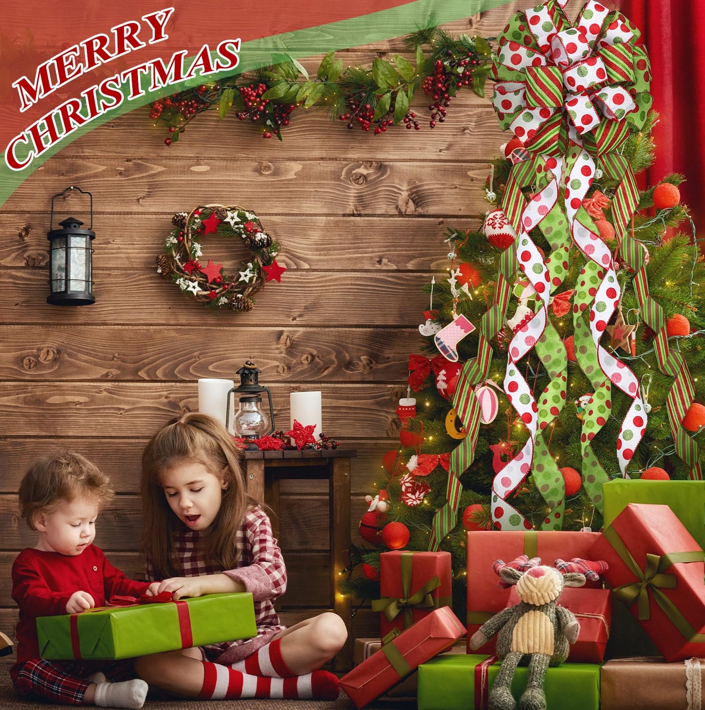 Tigeen Large Christmas Tree Bow Topper 52 x 12 Inch Red Green White Polka Dot Tree Topper Xmas Wreath Bow with Glitter Streamers for Christmas Party Indoor Outdoor Decoration Favor Supplies