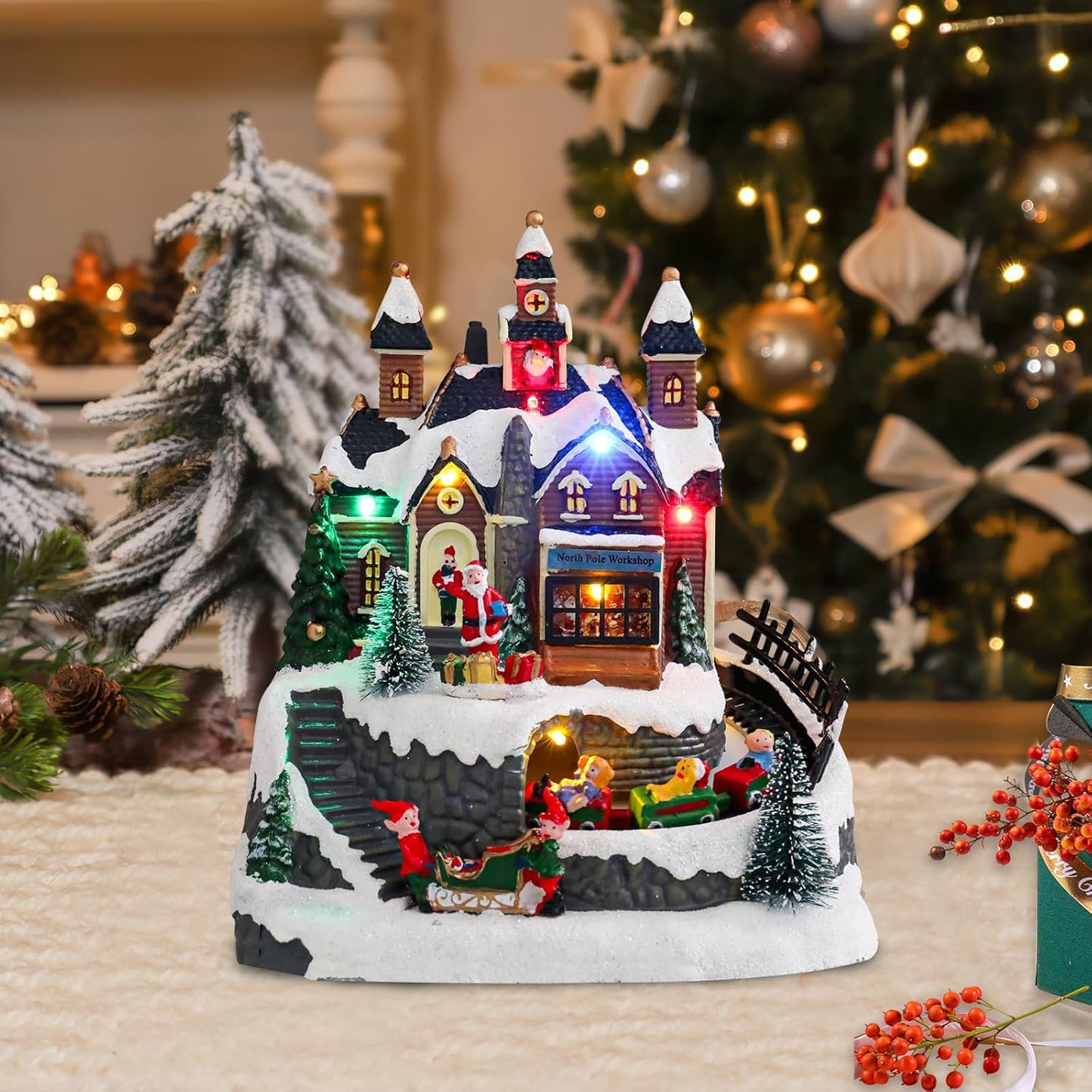Wonder Garden Christmas Village Houses - Colorful Musical Snow Village Figurine with LED Lights & Train