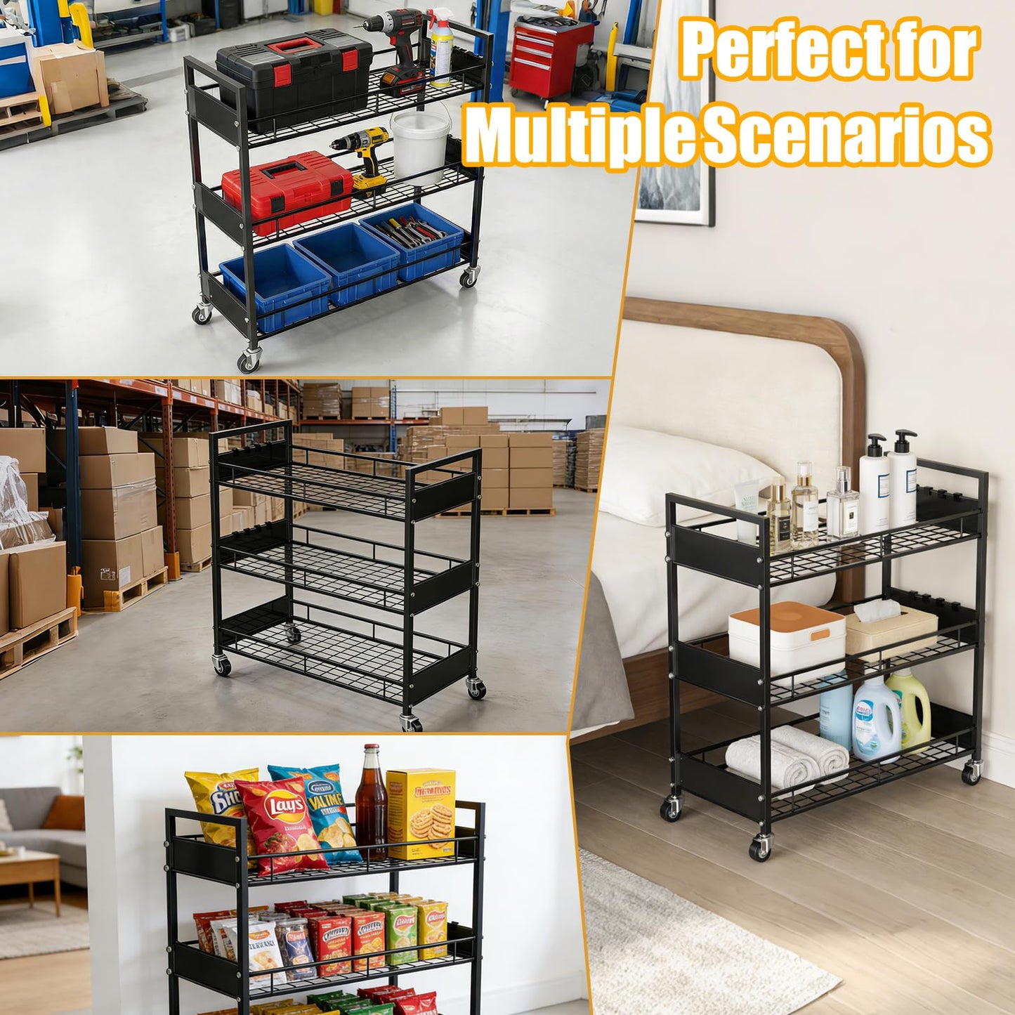 Heavy-Duty 3-Tier Metal Utility Cart with Locking Casters – 330 LBS Load Capacity Rolling Storage Organizer, Quiet Wheels, Free Plastic Bins & Hooks for Home, Garage, Workshop, Hotel, Kitchen