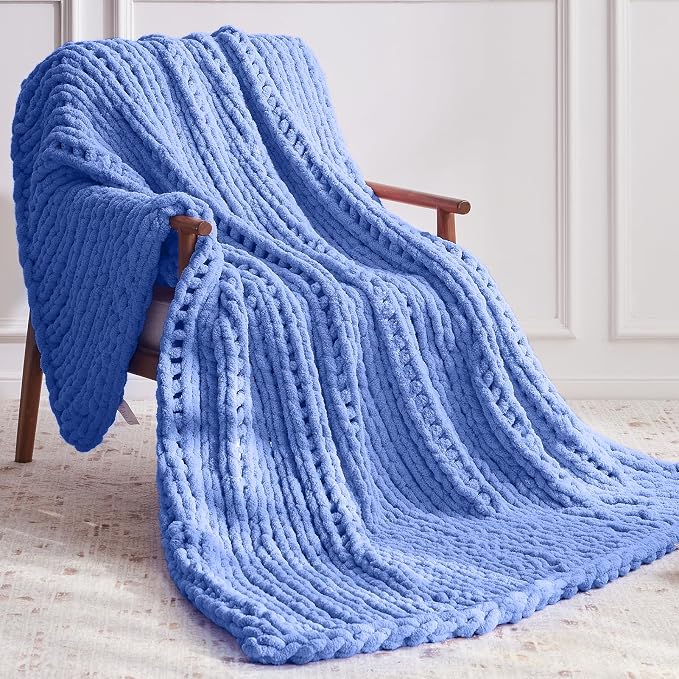 Negwoo Chunky Knit Throw Blanket, 60''*80'' Knitted Throw Chenille Yarn for Bed Couch, Handmade Light Blue Crochet Big Thick Blanket, Machine Washable Cute Comfy Blanket for Home Decor