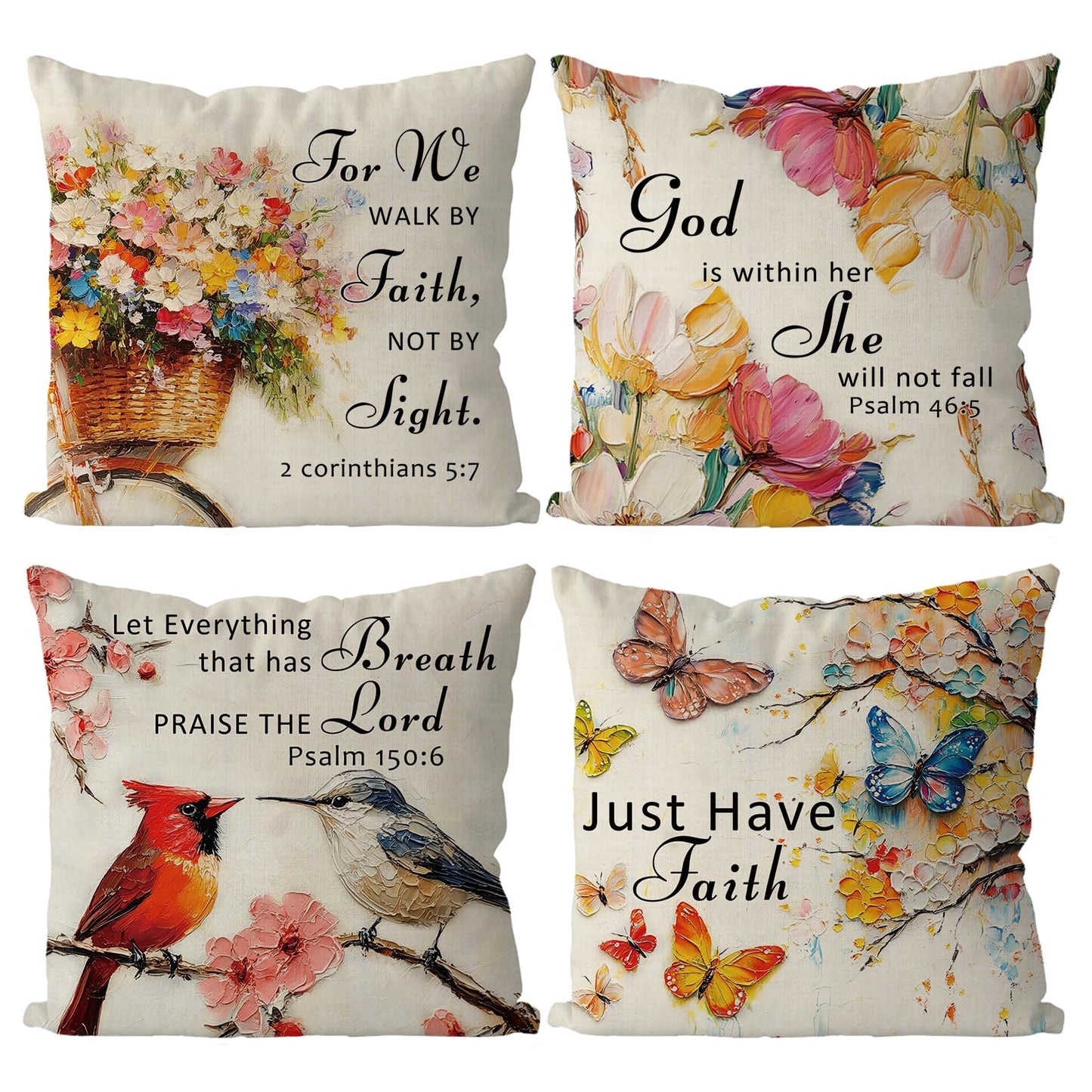 QIONG MENG Jesus Christian Pillow Covers 18 x 18 Inch Set of 4 Cardinal Butterfly Spring Summer Throw Pillowcase Floral Religious Decorative Cushion Case for Home Sofa Farmhouse Decorations