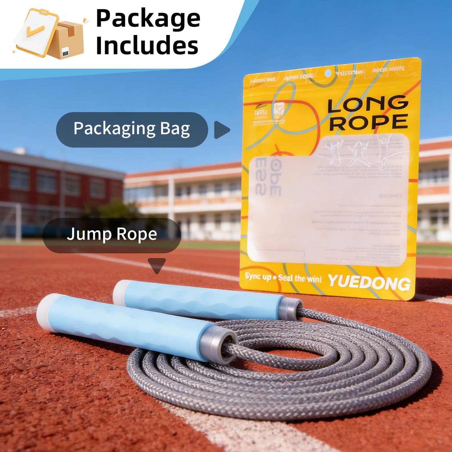 YUEDONG 8mm Thick Long Group Jump Rope 5 Meters Adjustable - Heavy Duty Nylon-Cotton Blend Collective Skipping Rope with 360° Ball Bearings, Wave Texture Full Silicone Anti-Slip Ergonomic Handles for School Team Activities Group Fitness (1, BLUE, 5M)