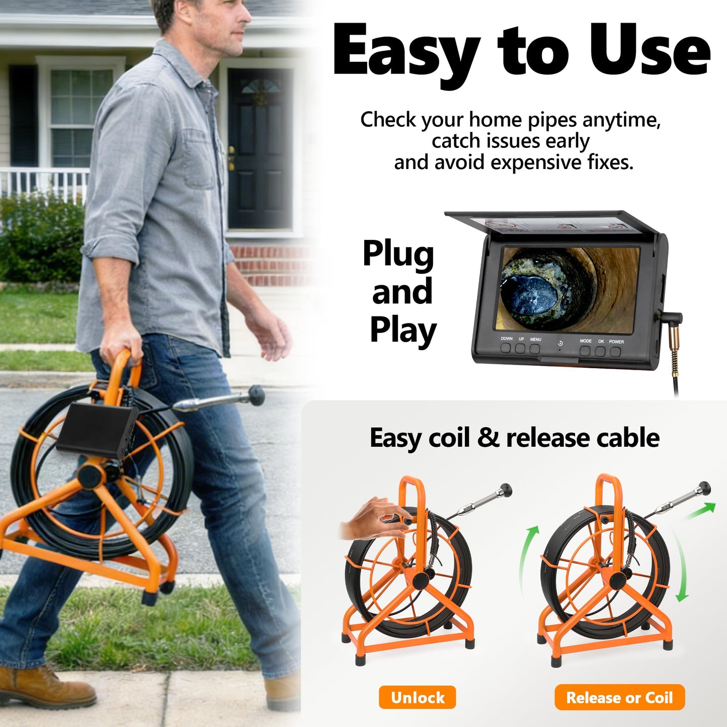 𝟐𝟎𝟐𝟔 𝐧𝐞𝐰 HD1080P Sewer Camera with DVR 32GB, 4.3" Drain Camera (Easy to Use), Pipe Inspection Camera, 5000mAh, USB-C, Endoscope Camera with 4-Level LED Lights, Cable Marking, 100ft/30M