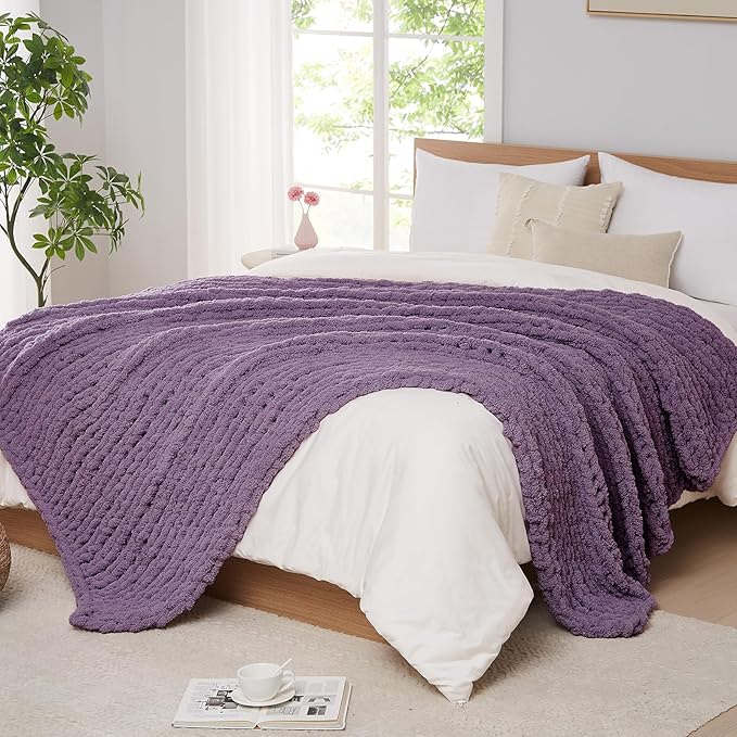 L'AGRATY Chunky Knit Blanket Throw: 50''x60'' Chenille Chunky Knitted Throw Blankets for Bed Couch - Handmade Thick Big Cable Knit Blanket - Large Crochet Rope Blankets for Home Decor(Deep Purple)