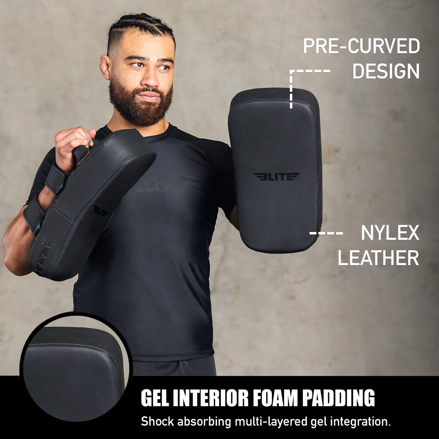 Elite Sports Muay Thai Kickboxing Training Pad for Kickboxing,MMA,Taekwondo,Karate. Ideal for Punches,Knees, and Kicks in Martial Arts Training (Solid Black)